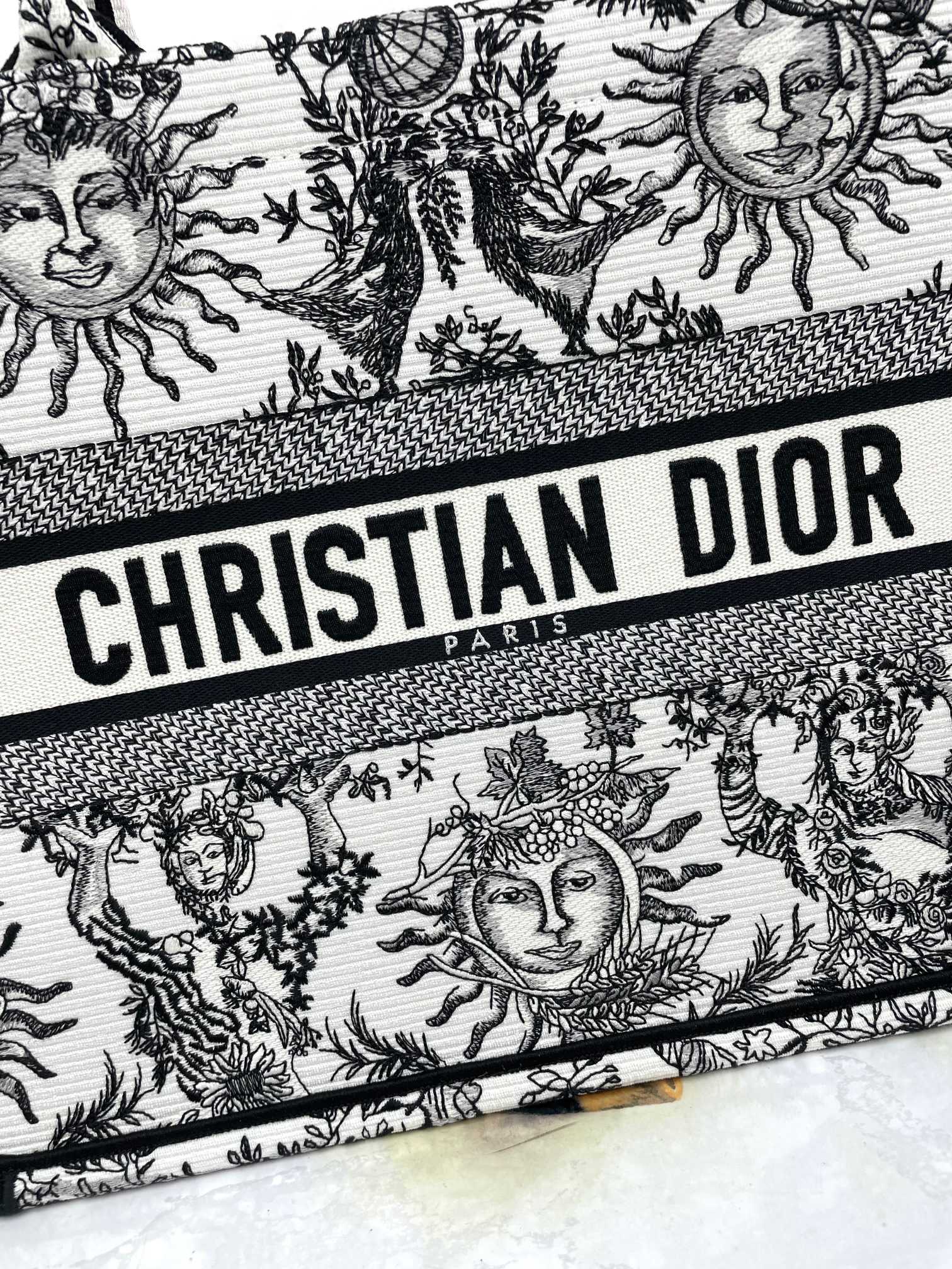 Christian Dior Medium Book Tote Bag - Black and White Sun Embroidered Canvas