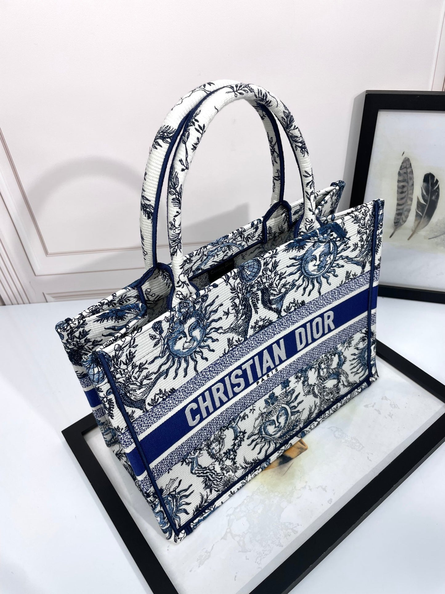 Dior Blue Celestial Sun Embroidered Canvas Top Handle Tote Bag