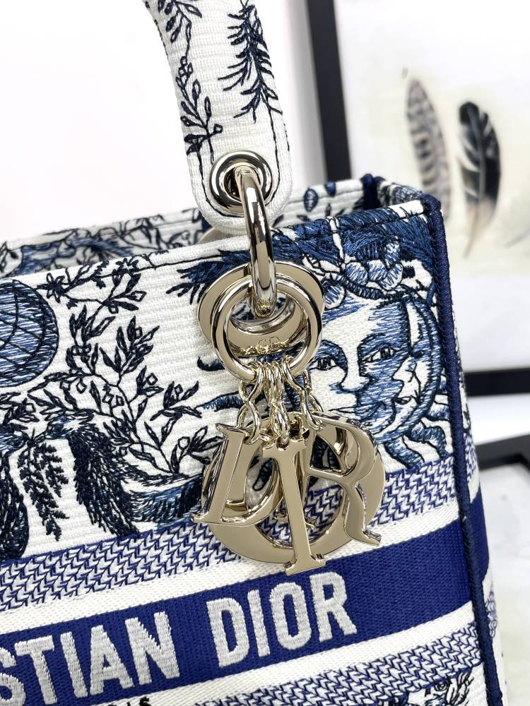 Dior Blue and White Floral Embroidered Canvas Top Handle Handbag