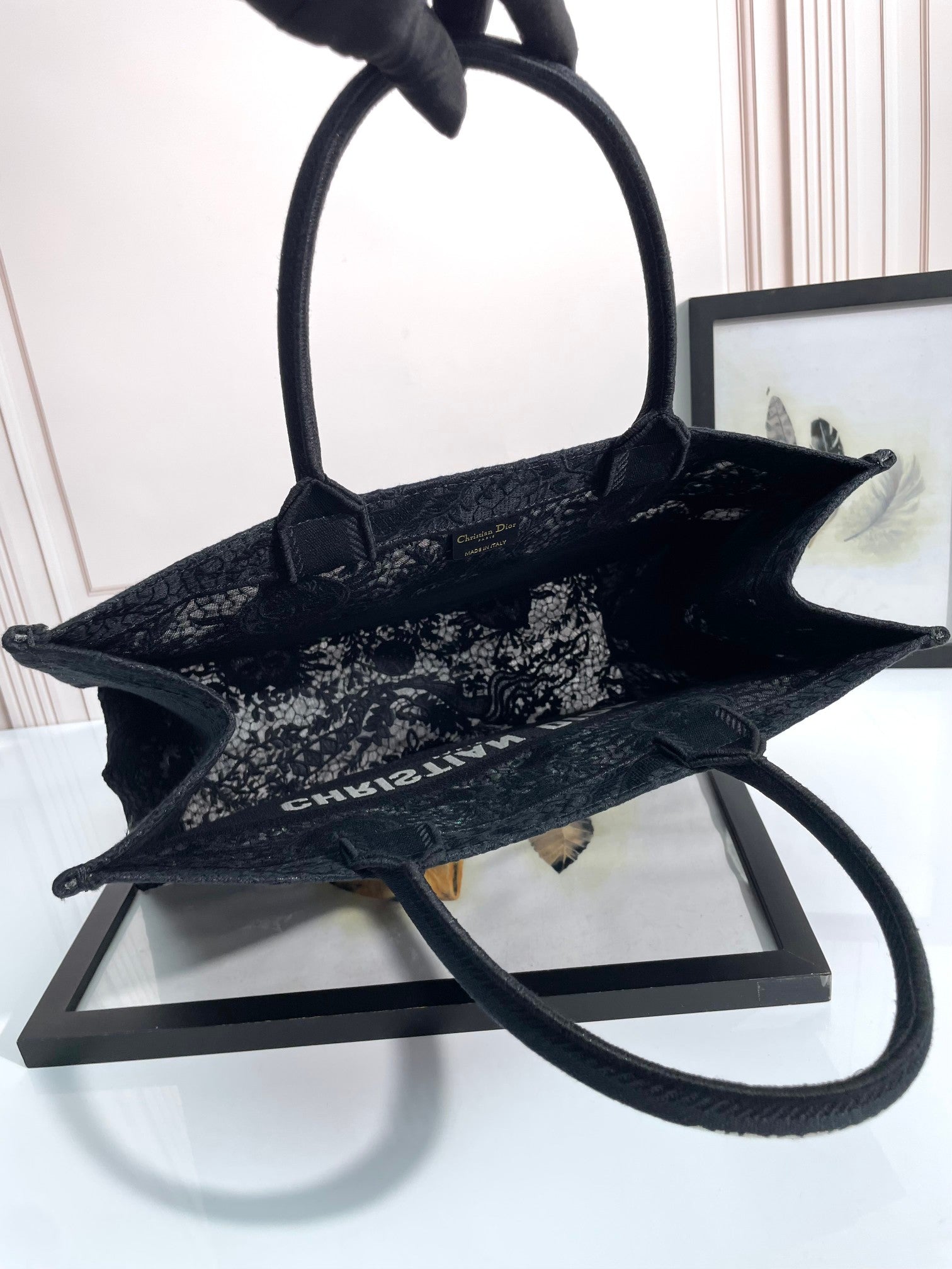 Dior Black Embroidered Canvas Tote Bag Luxury Floral Pattern Top Handle Handbag