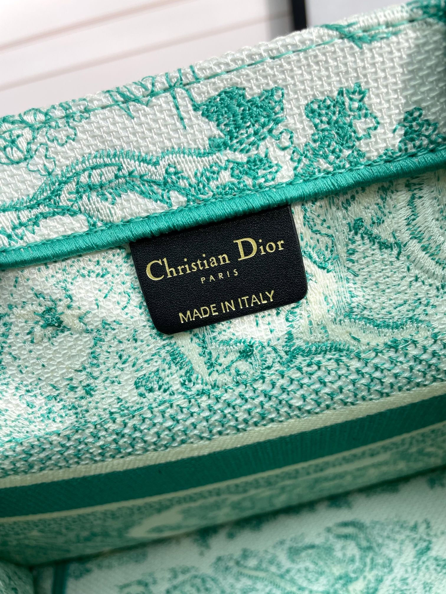 Dior Green Floral Toile Embroidered Canvas Tote Handbag with Top Handles