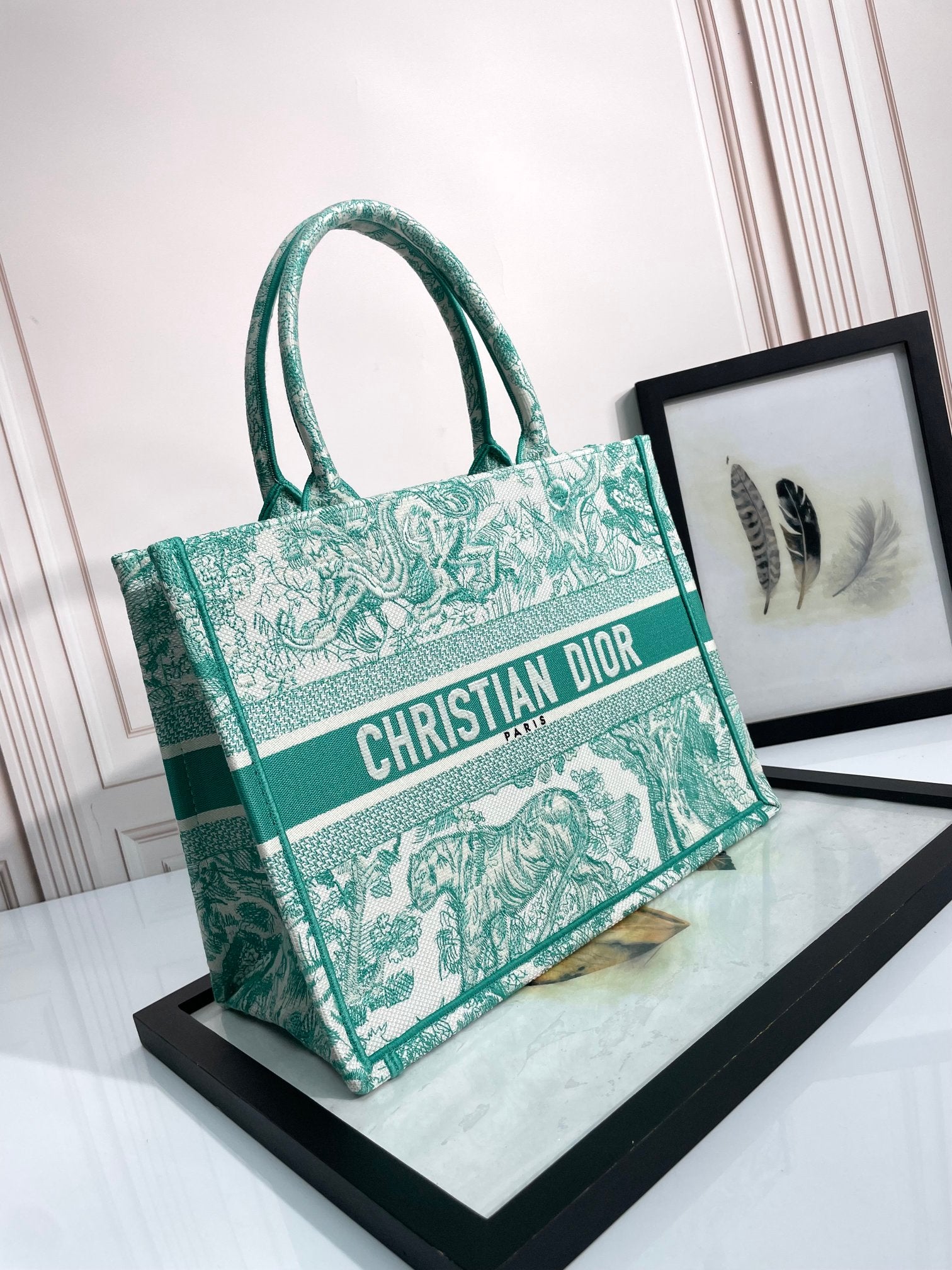 Christian Dior Medium Book Tote - Green Toile de Jouy Embroidered Canvas