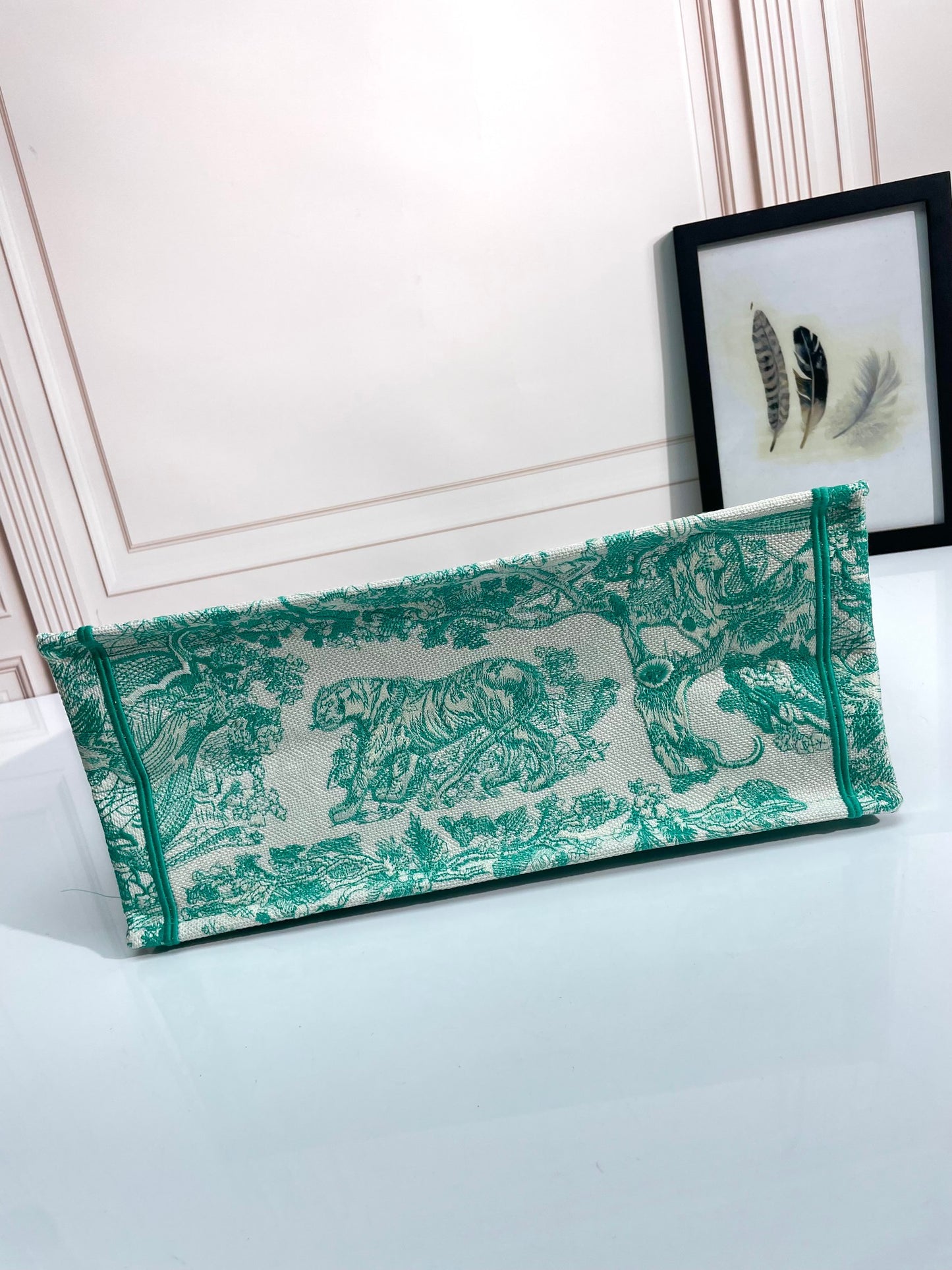 Christian Dior Green Toile de Jouy Embroidered Large Book Tote Bag