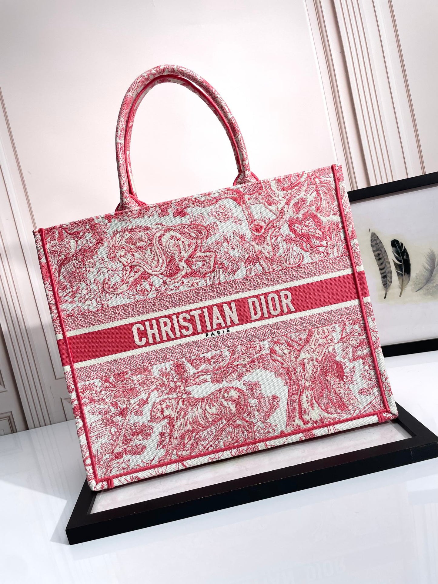 Dior Vintage Red Floral Toile de Jouy Embroidered Canvas Tote Bag
