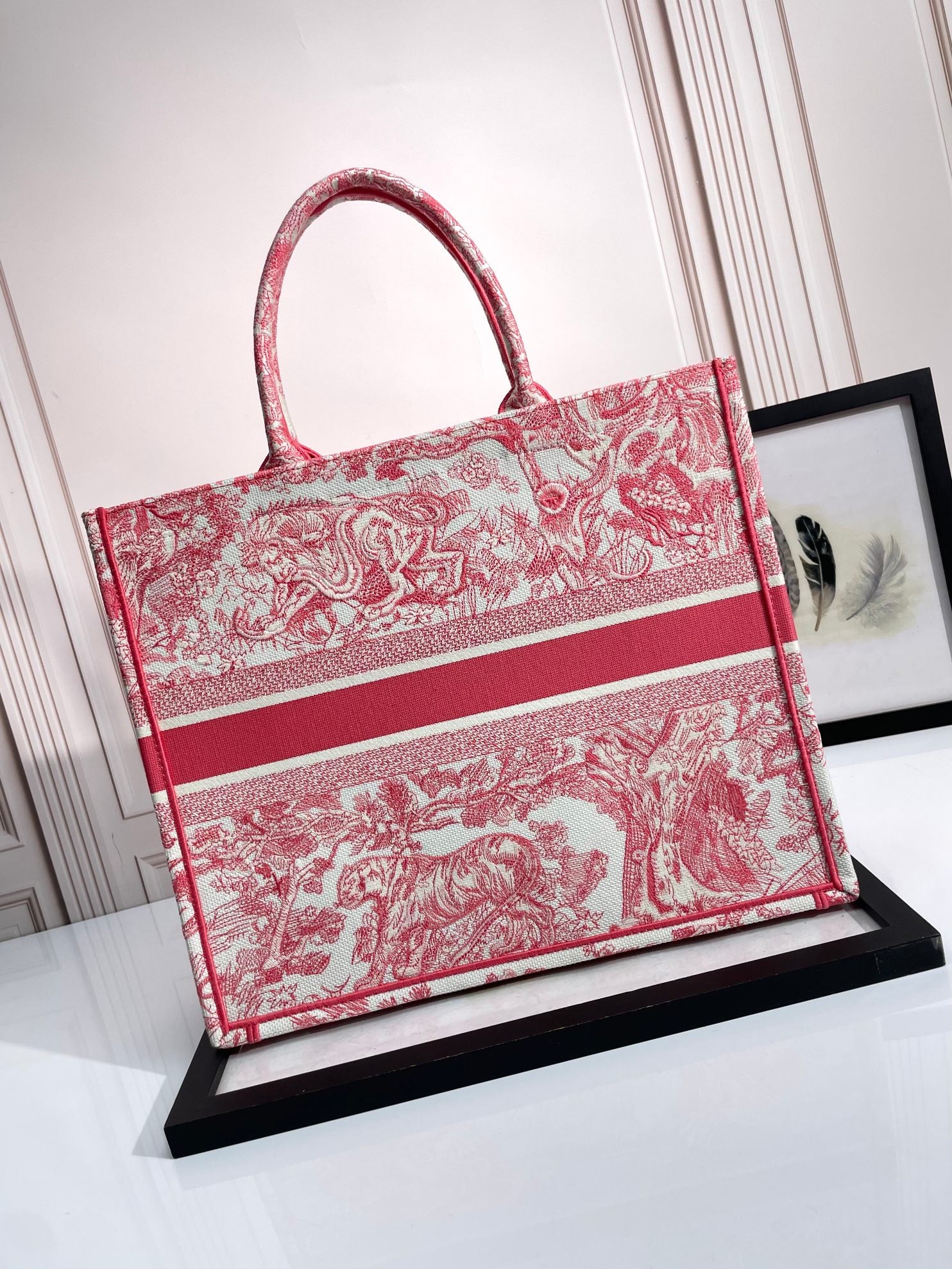 Dior Pink and White Toile de Jouy Embroidered Large Canvas Tote Bag