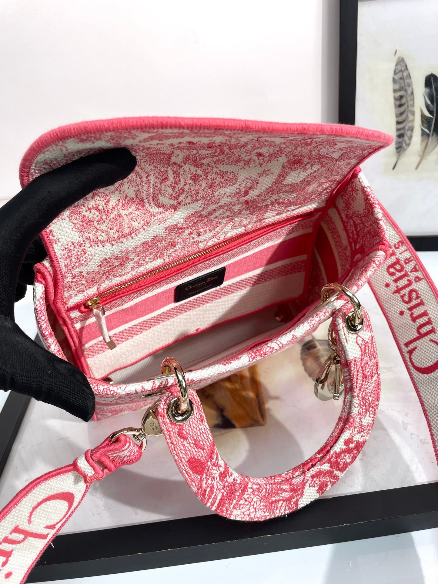 Dior Elegant Red Toile de Jouy Embroidered Canvas Top Handle Tote Bag
