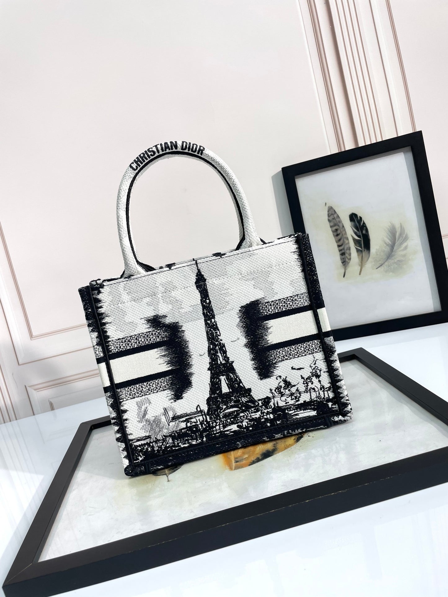 Dior Black and White Paris Architecture Embroidered Canvas Tote Bag