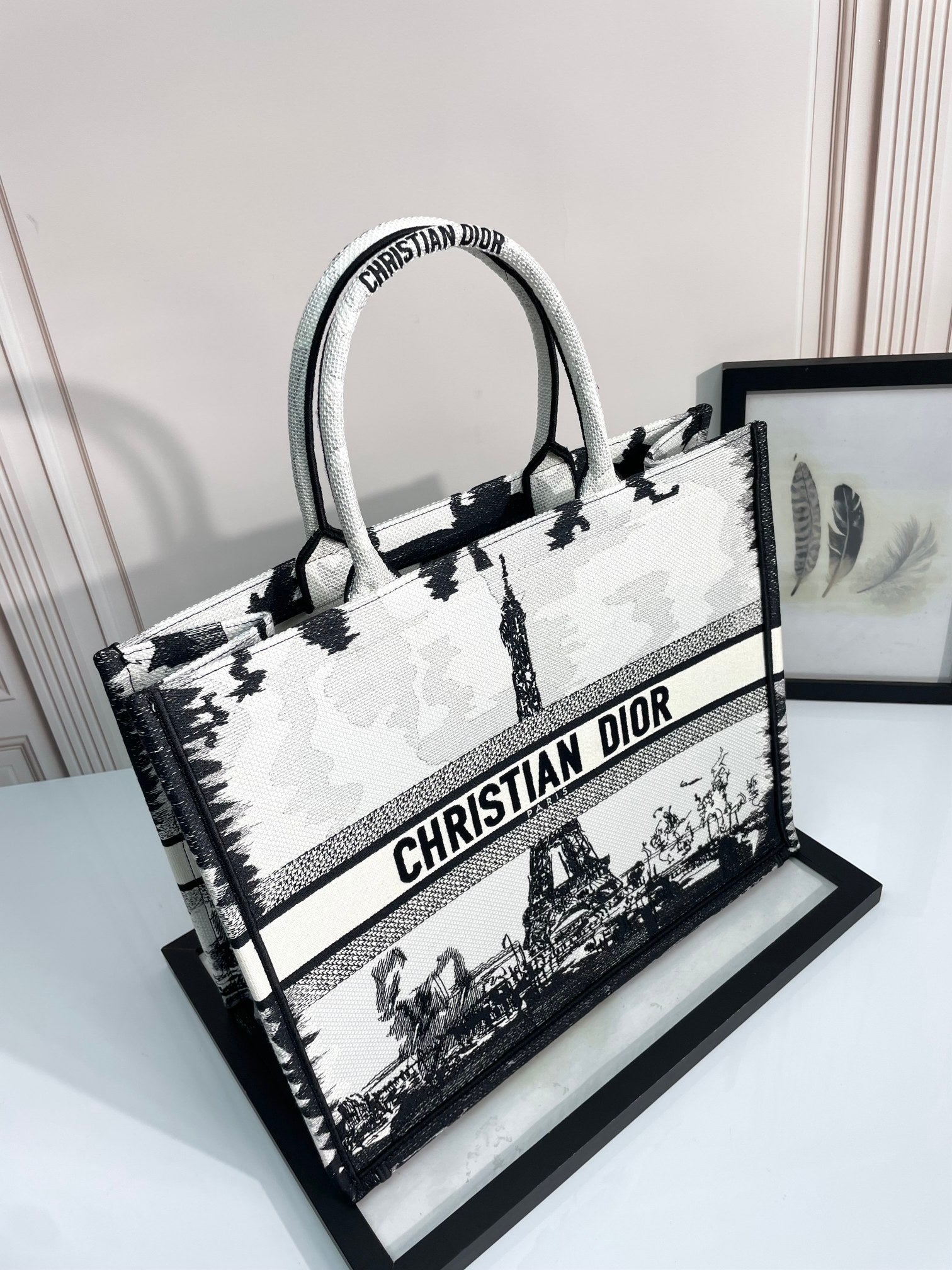 Dior Paris Eiffel Tower Print Canvas Tote Bag Vintage Shoulder Handbag