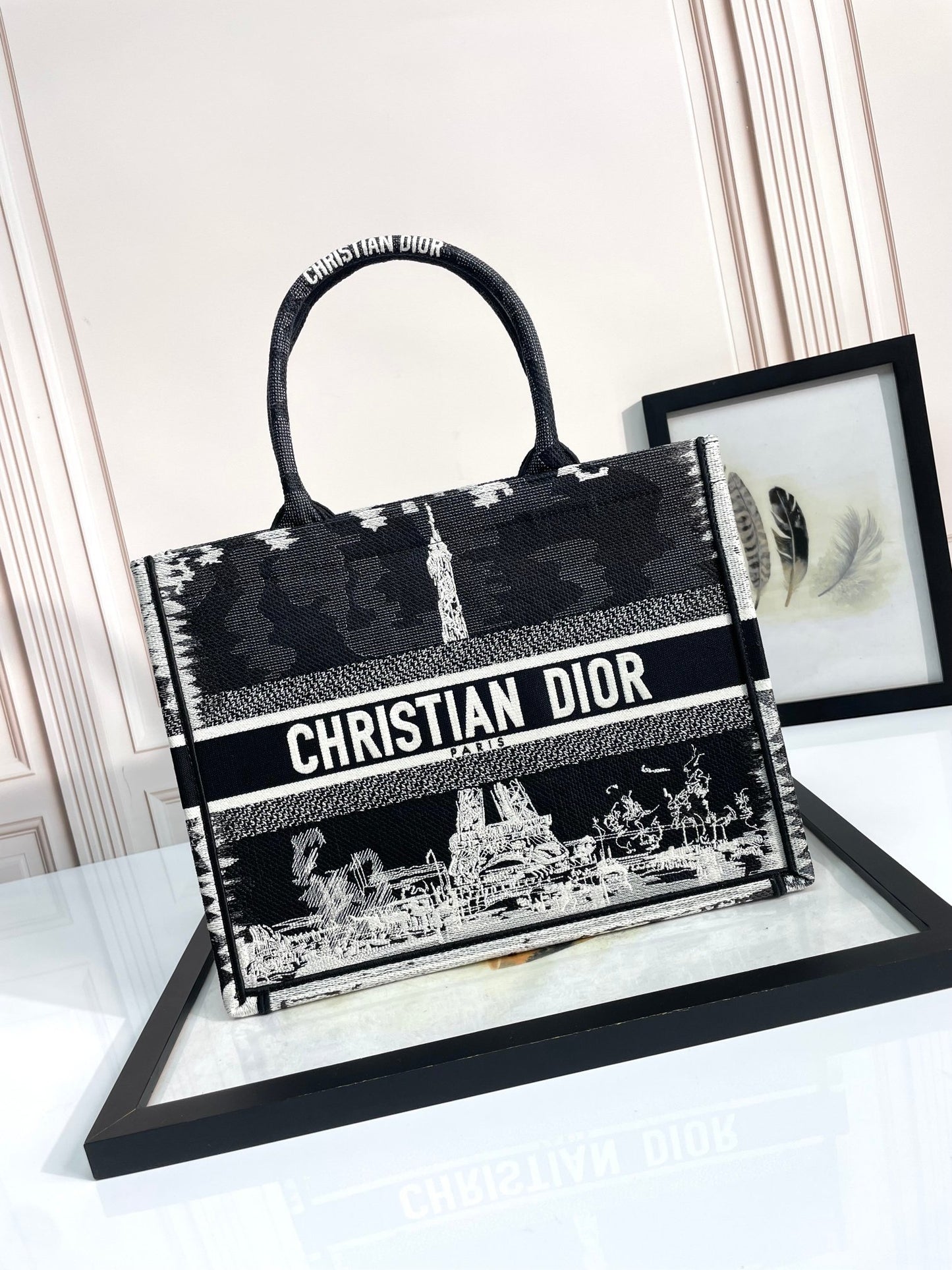 Christian Dior Book Tote Bag - Paris Print Canvas Tote - Black and White