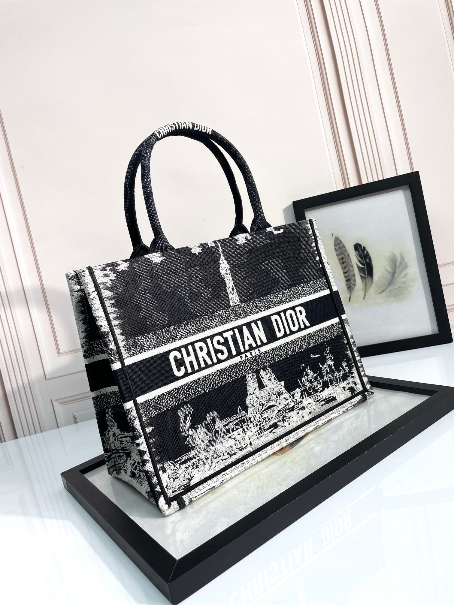 Dior Embroidered Paris Eiffel Tower Canvas Top Handle Tote Bag