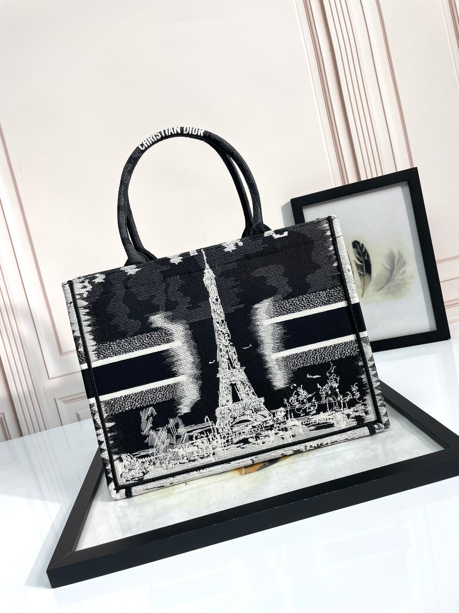 Dior Embroidered Paris Eiffel Tower Canvas Top Handle Tote Bag
