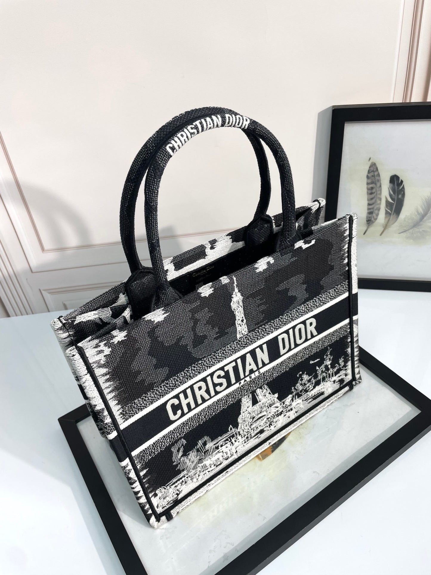 Christian Dior Book Tote - Paris Eiffel Tower Black & White Embroidered Canvas