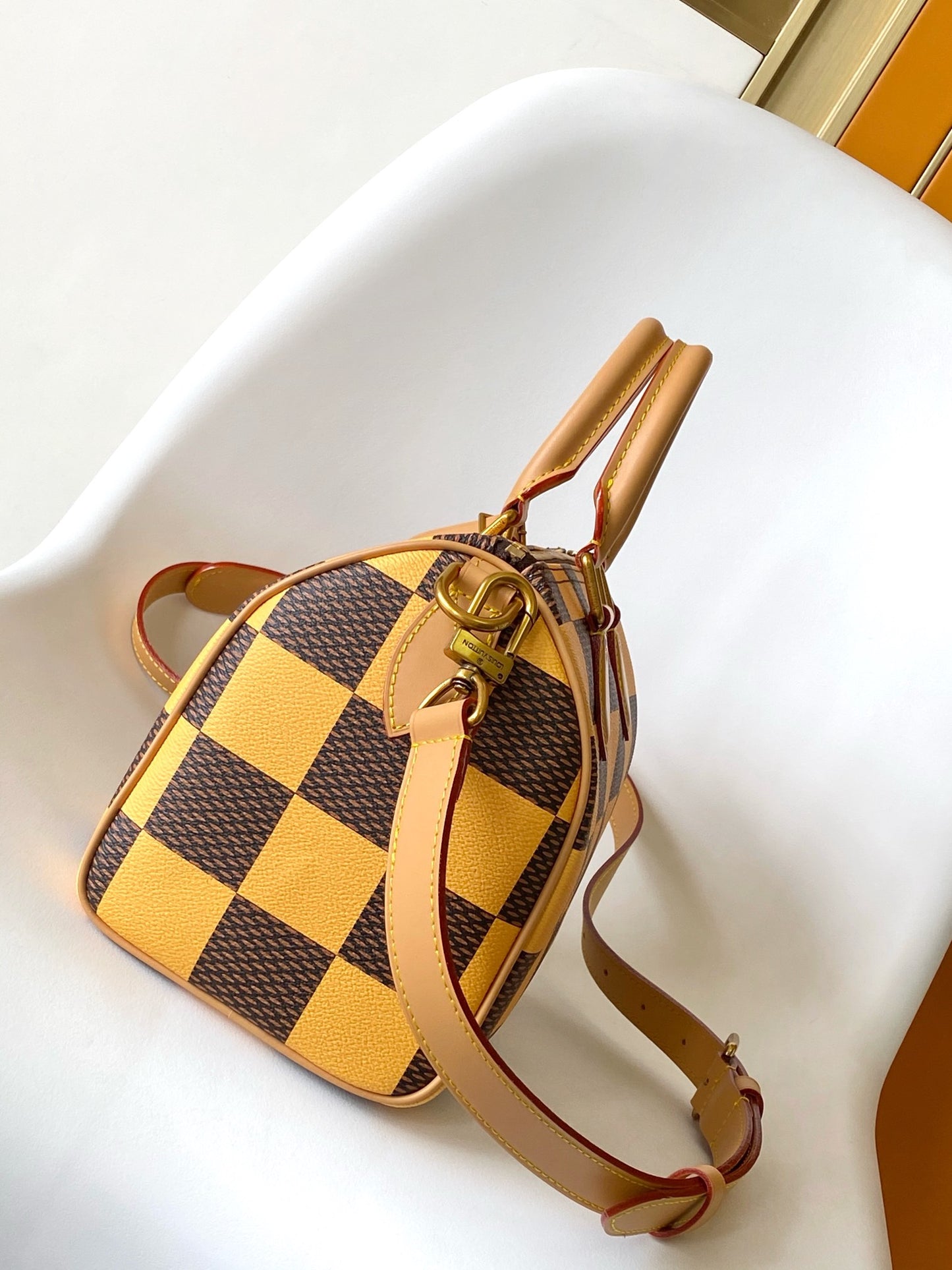 Louis Vuitton Yellow and Brown Checkered Boston Handbag with Shoulder Strap