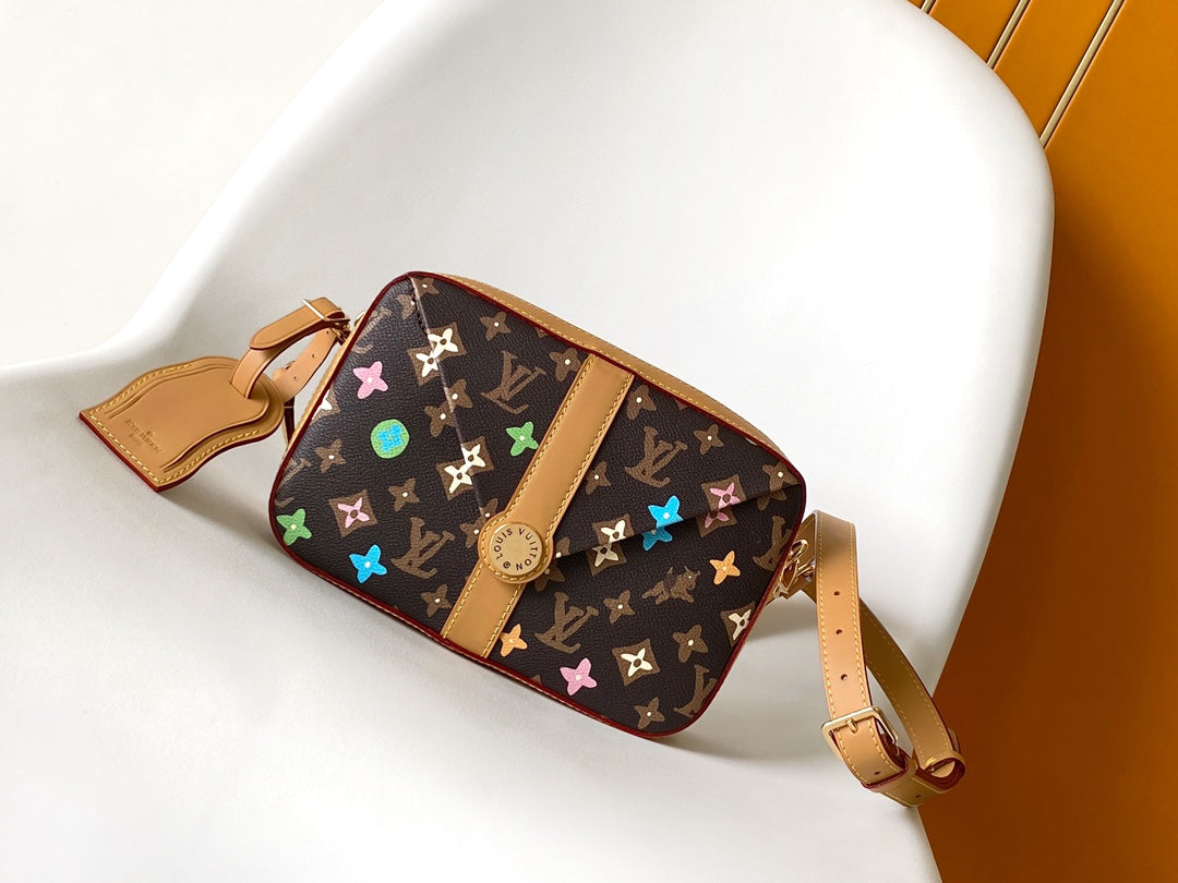 Louis Vuitton Multicolor Monogram Brown Camera Crossbody Bag with Tan Leather Trim