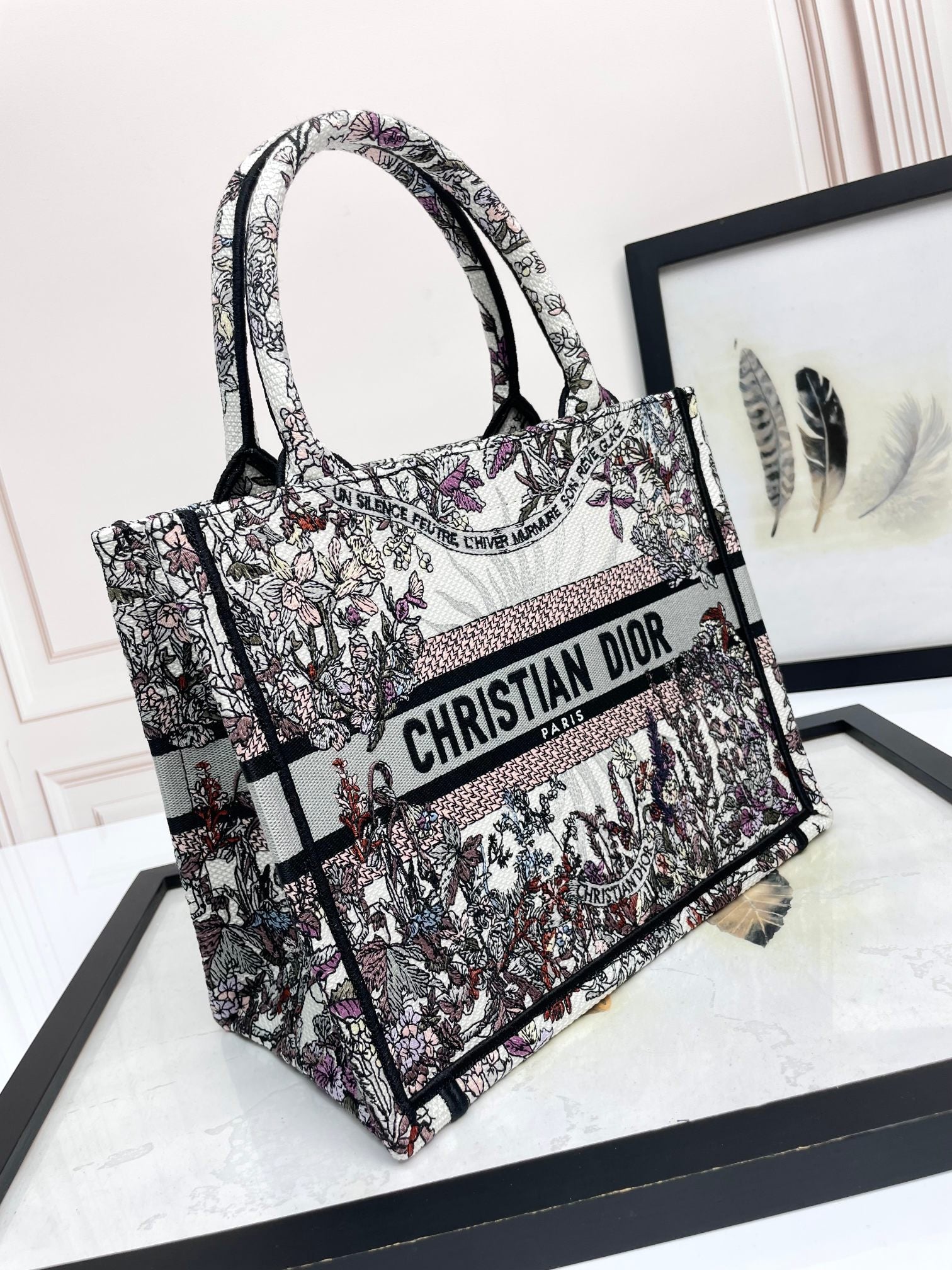 Dior Vintage Floral Embroidered Canvas Tote Bag with Top Handles