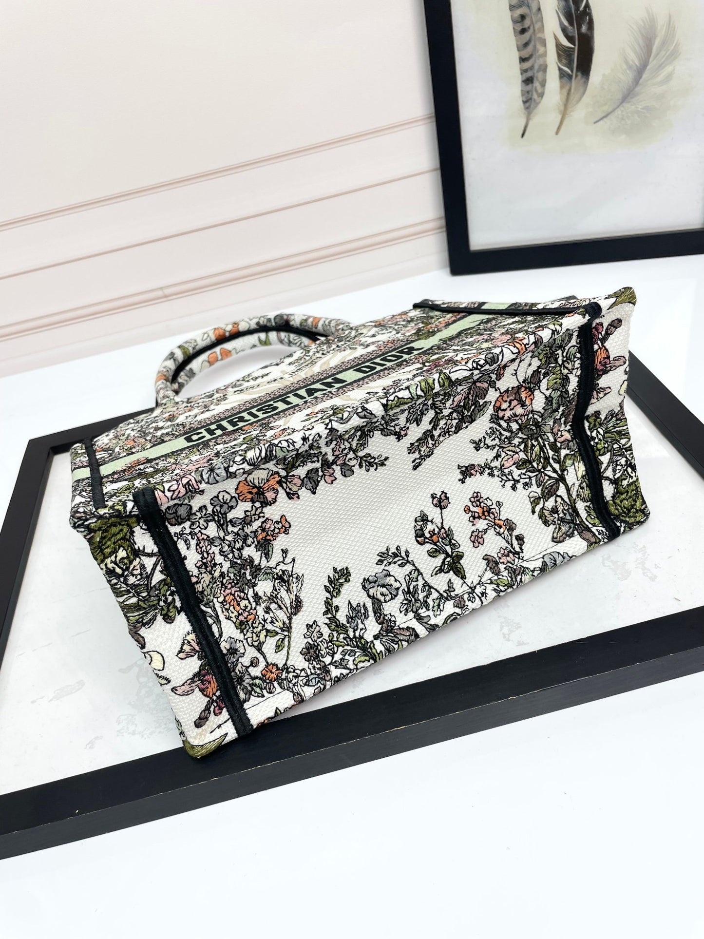 Christian Dior Large Book Tote Bag Floral Embroidery Green & Multicolor