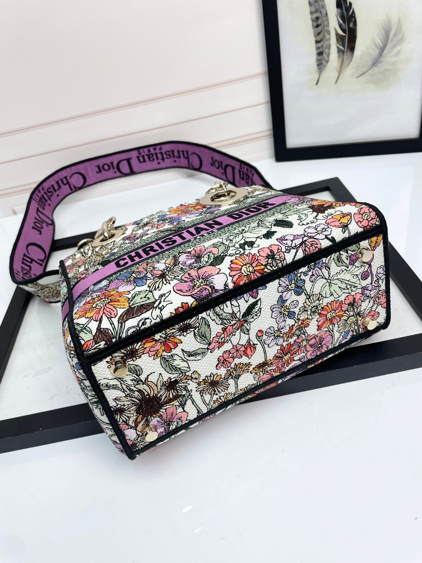 Dior Colorful Floral Embroidered Canvas Top Handle Handbag for Women