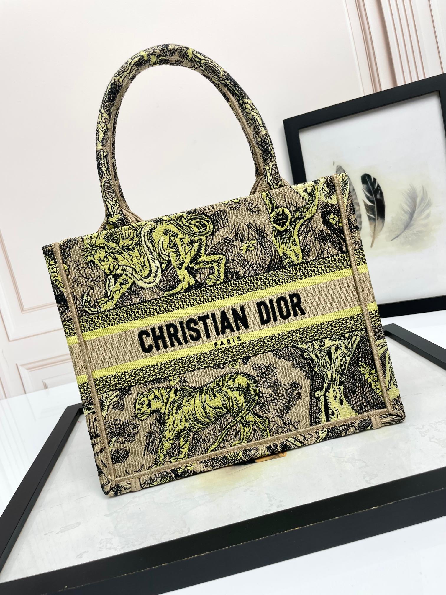 Dior Embroidered Safari Animal Tapestry Tote Bag with Top Handles