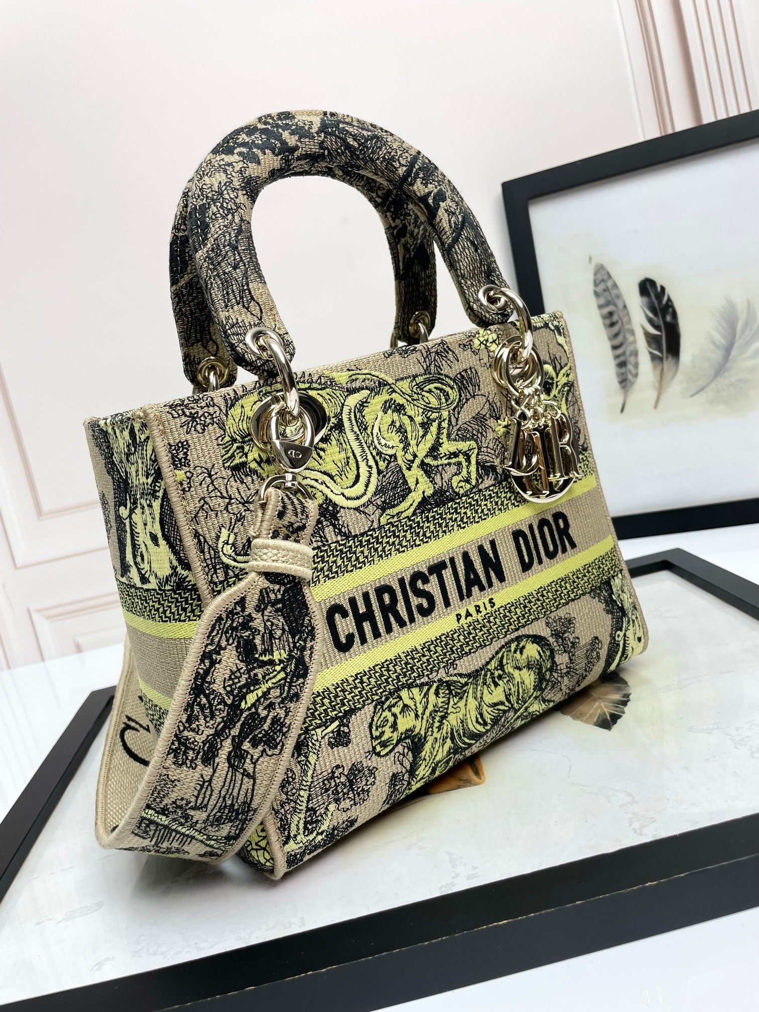 Christian Dior Lady D-Lite Bag Yellow Reverse Toile de Jouy Embroidery Medium