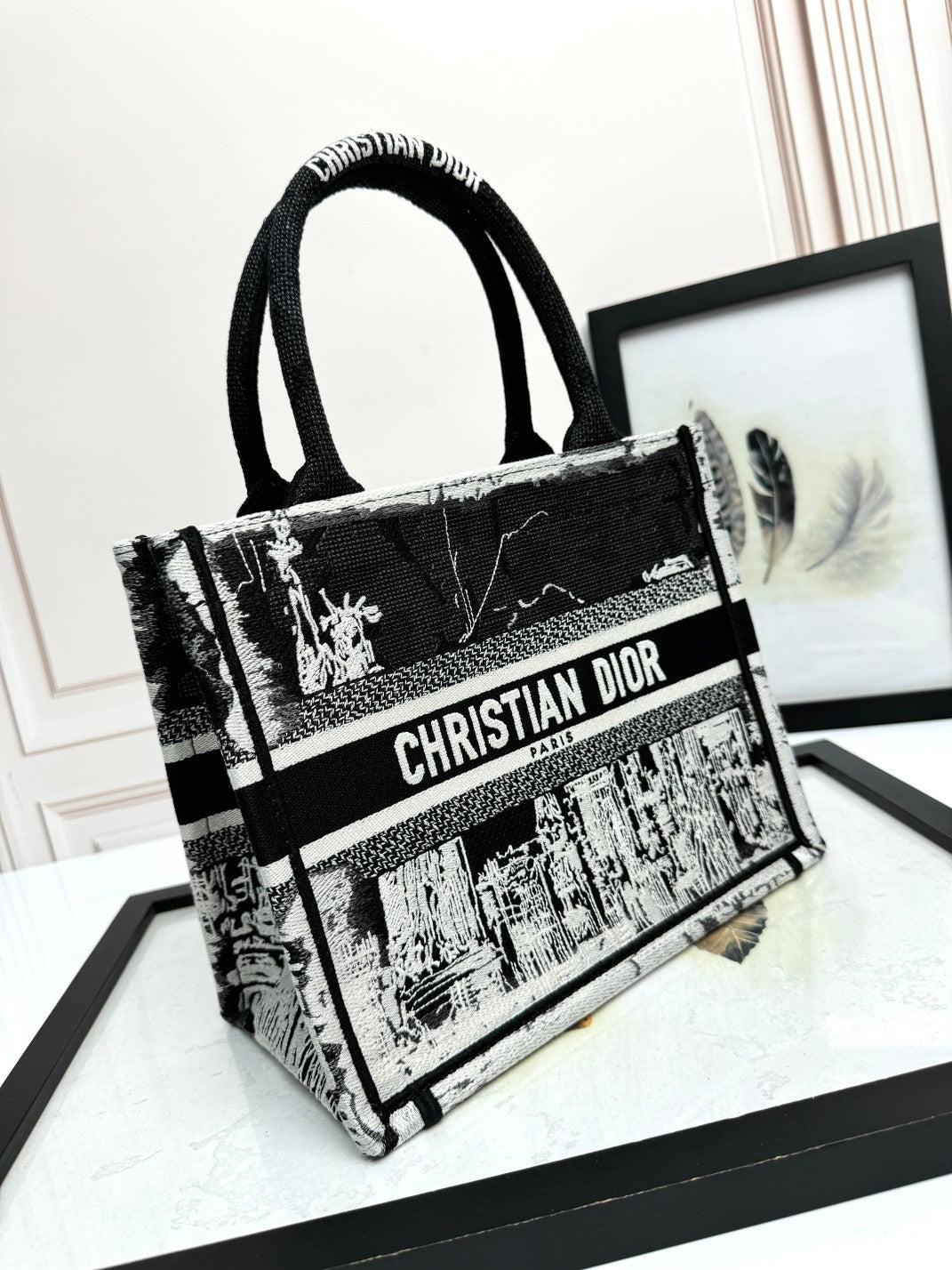 Christian Dior Medium Book Tote - Black and White Embroidered Cityscape Canvas Bag