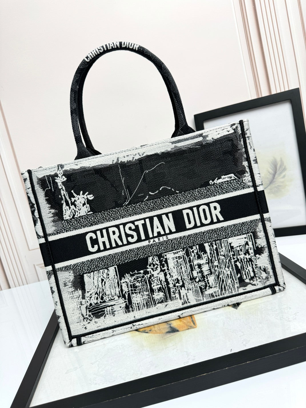 Dior Black and White Embroidered Architecture Canvas Tote Bag