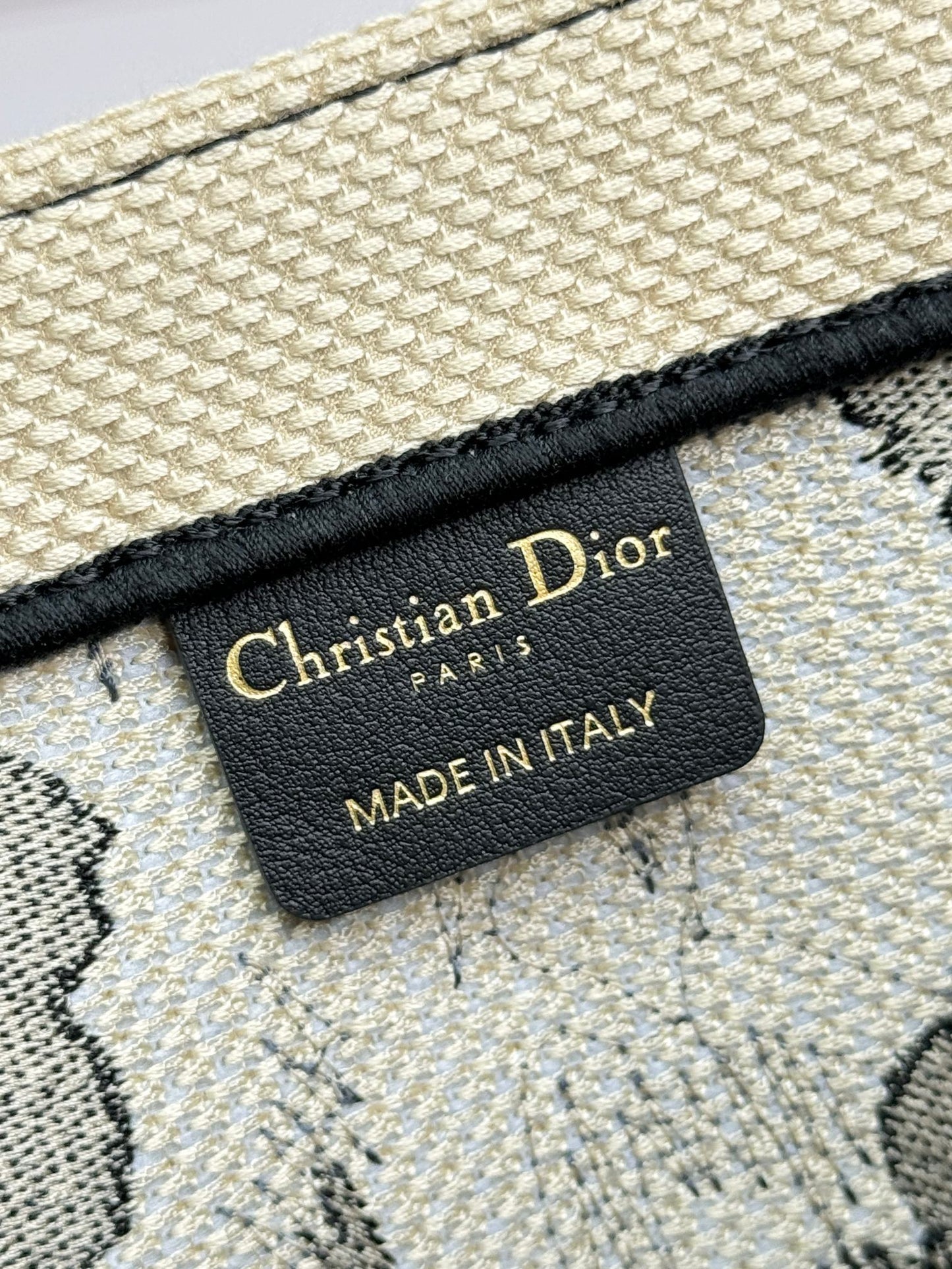 Dior Elegant Black and Beige Floral Canvas Tote Bag with Top Handles