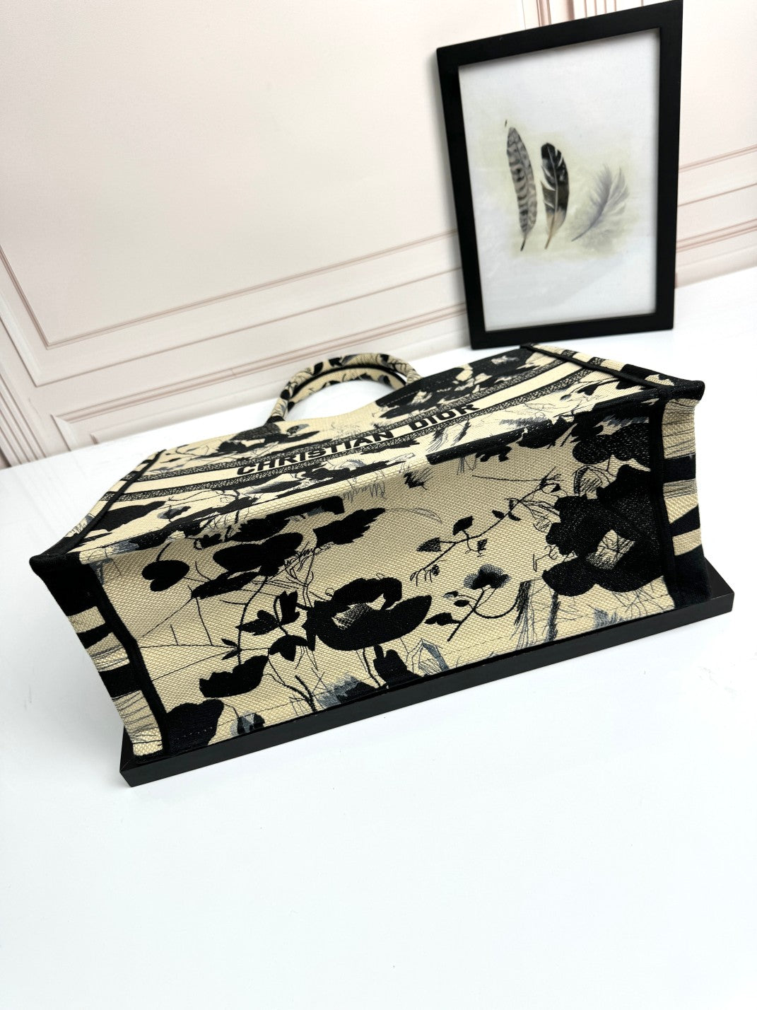 Christian Dior Large Book Tote Black and White Floral Embroidered Canvas