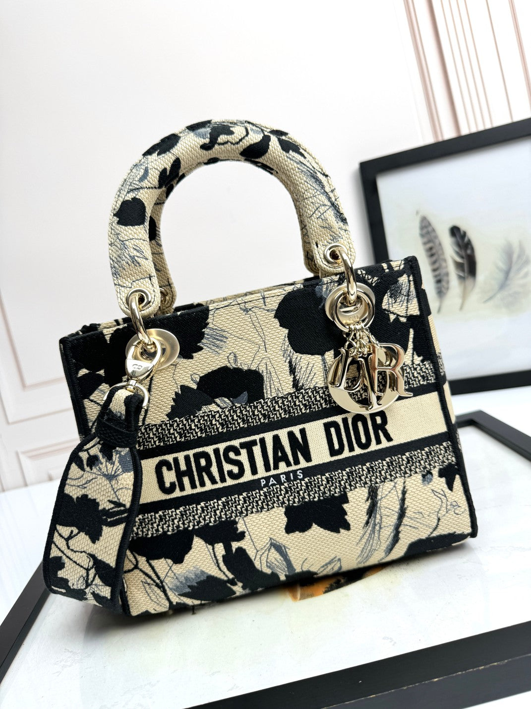 Dior Vintage Black and Beige Floral Embroidered Top Handle Handbag