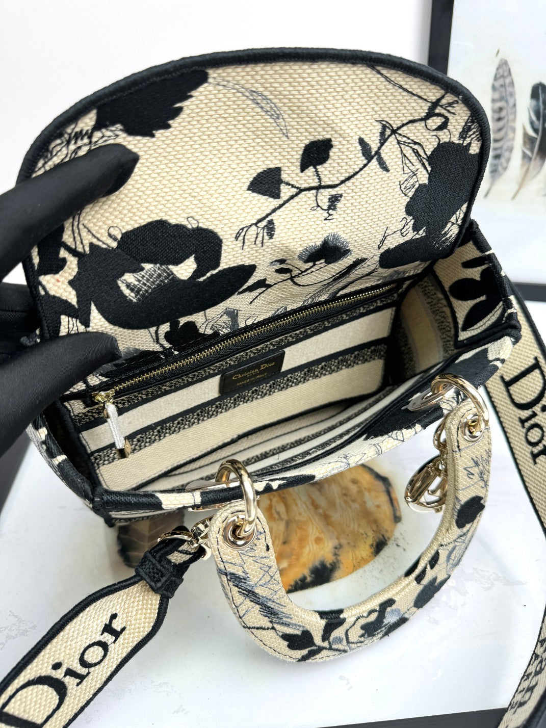Christian Dior Medium Lady D-Lite Bag - Black & White Floral Embroidery