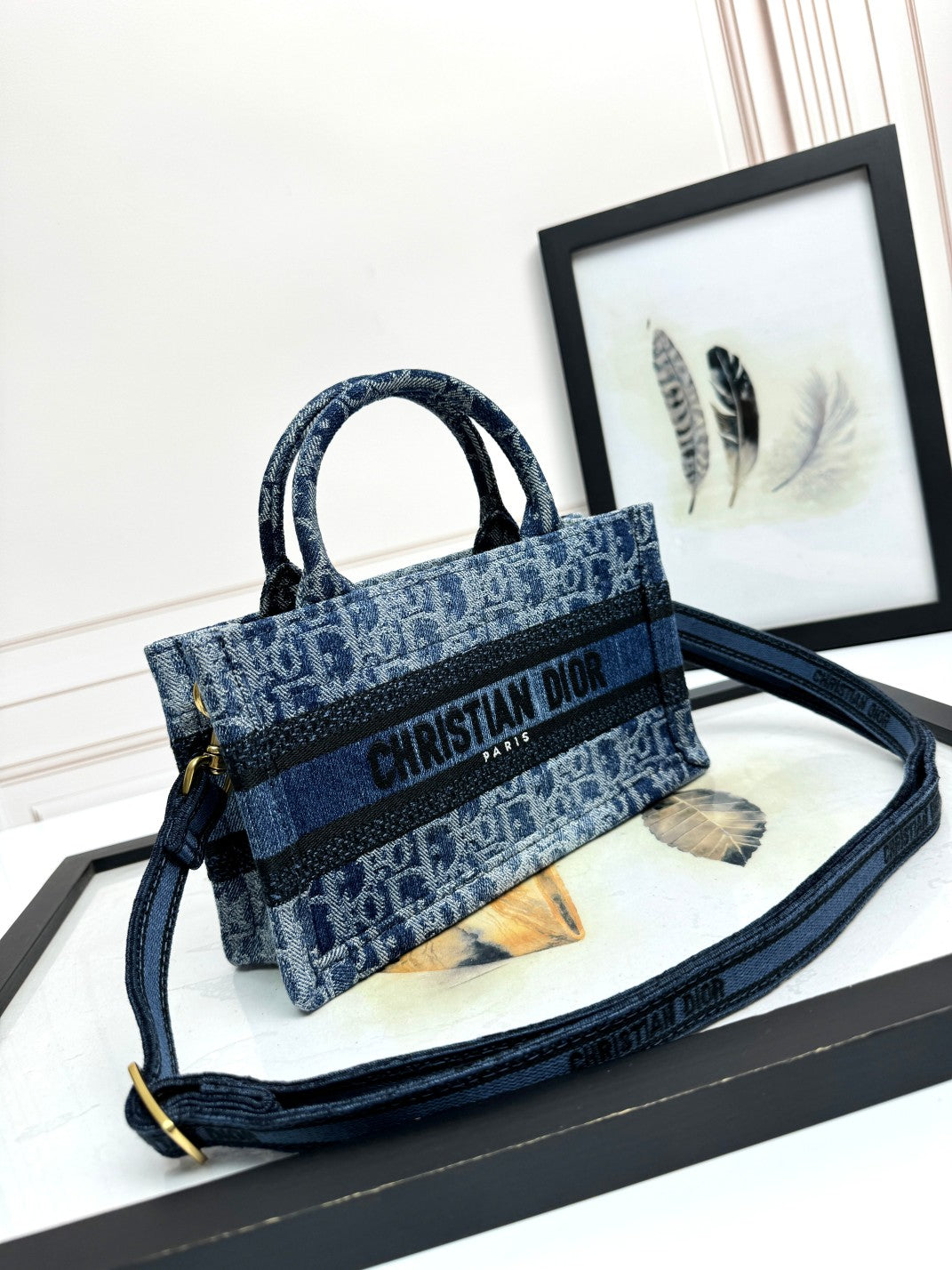 Christian Dior Mini Book Tote with Strap - Blue Dior Oblique Embroidery
