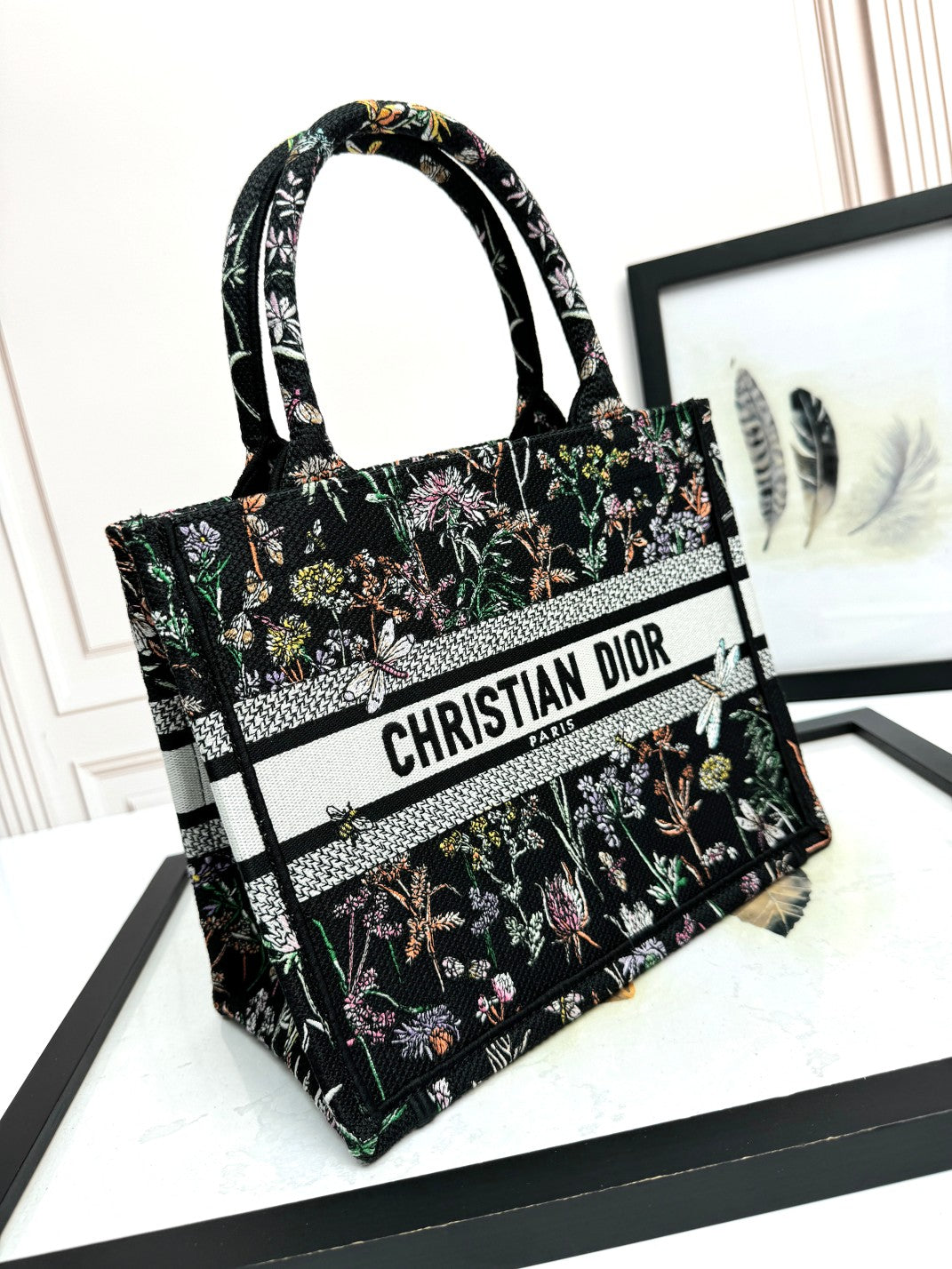 Dior Black Canvas Floral Embroidered Tote Bag with Top Handles