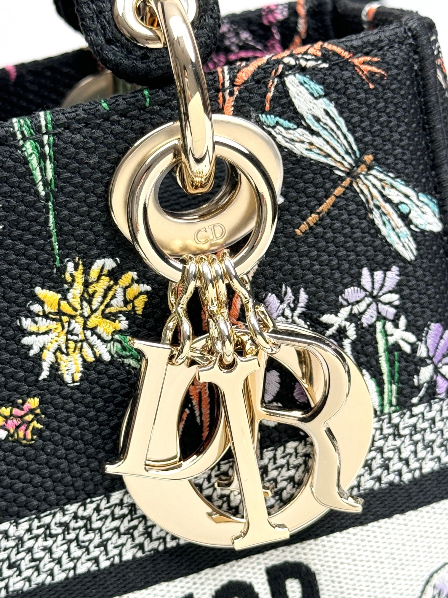 Dior Vintage Floral Dragonfly Embroidered Top Handle Canvas Handbag