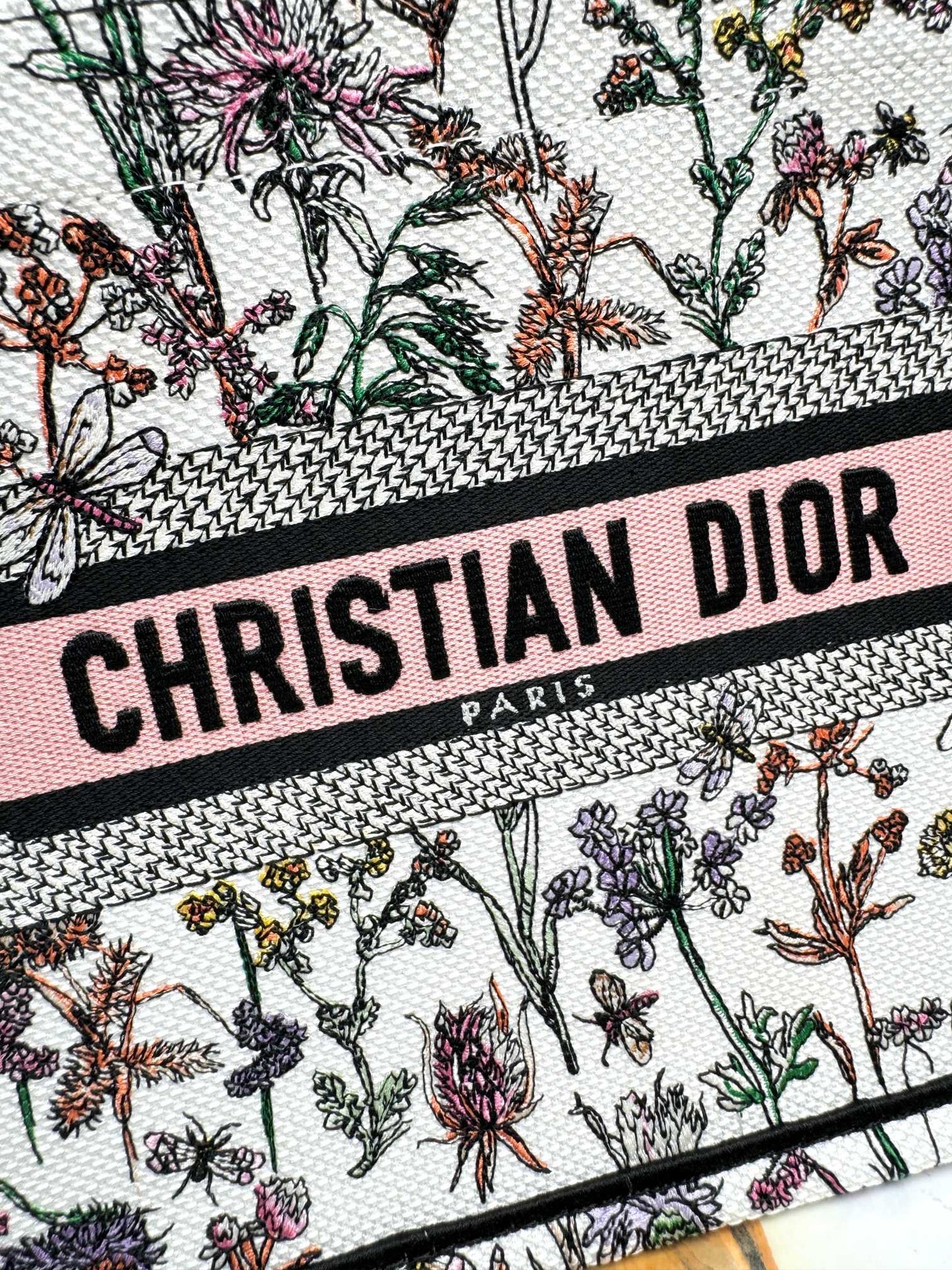 Dior Vintage Botanical Floral Embroidered Canvas Tote Bag