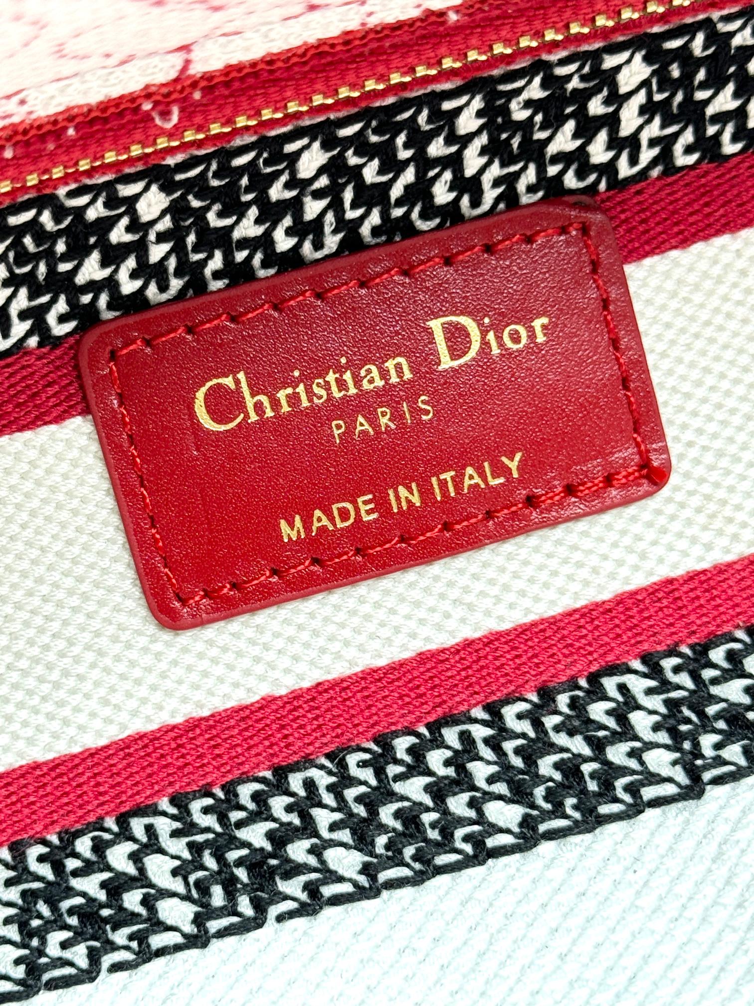 Dior Red and White Embroidered Floral Canvas Top Handle Handbag