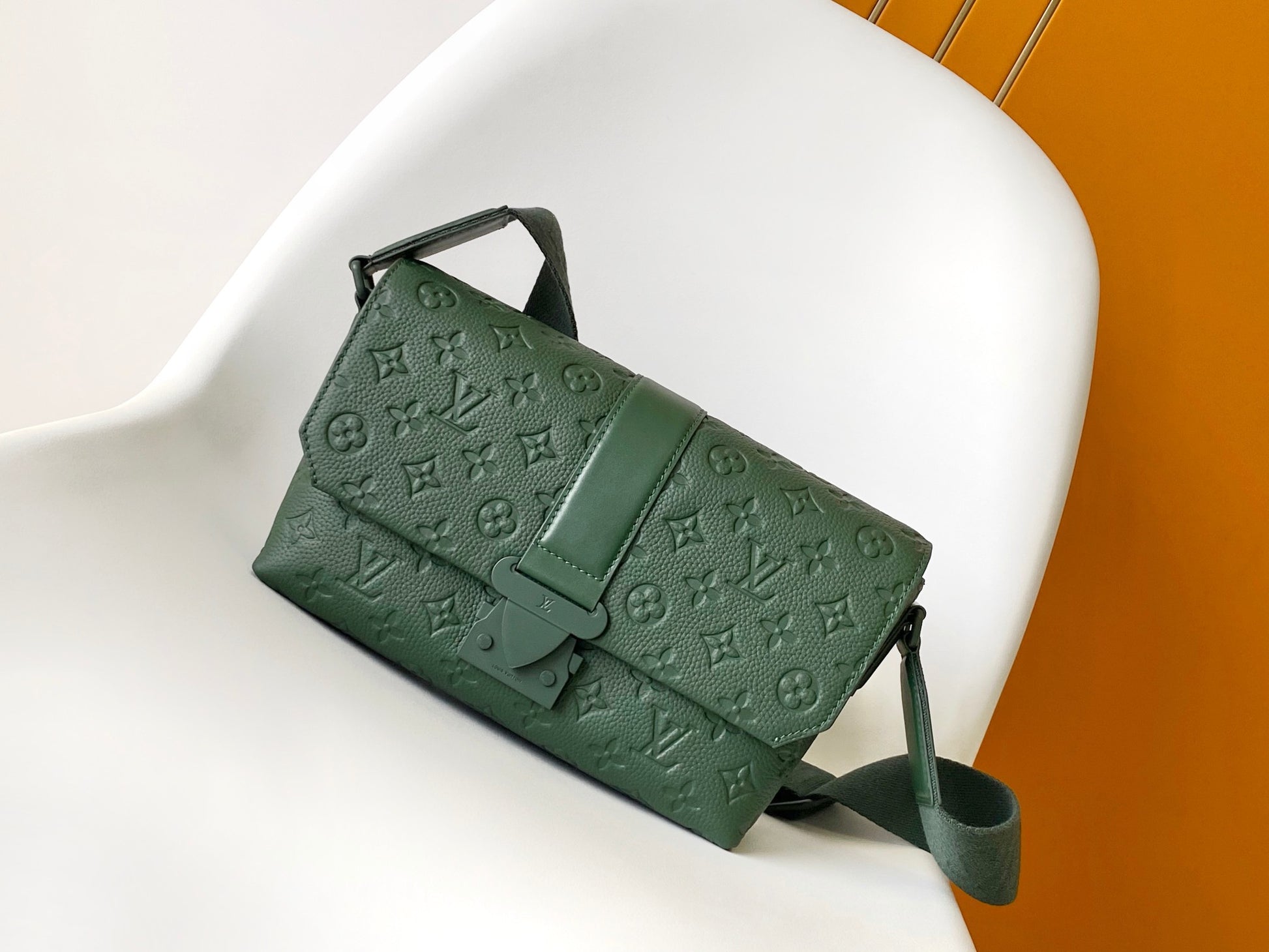 Louis Vuitton Luxury Dark Green Embossed Leather Crossbody Messenger Bag