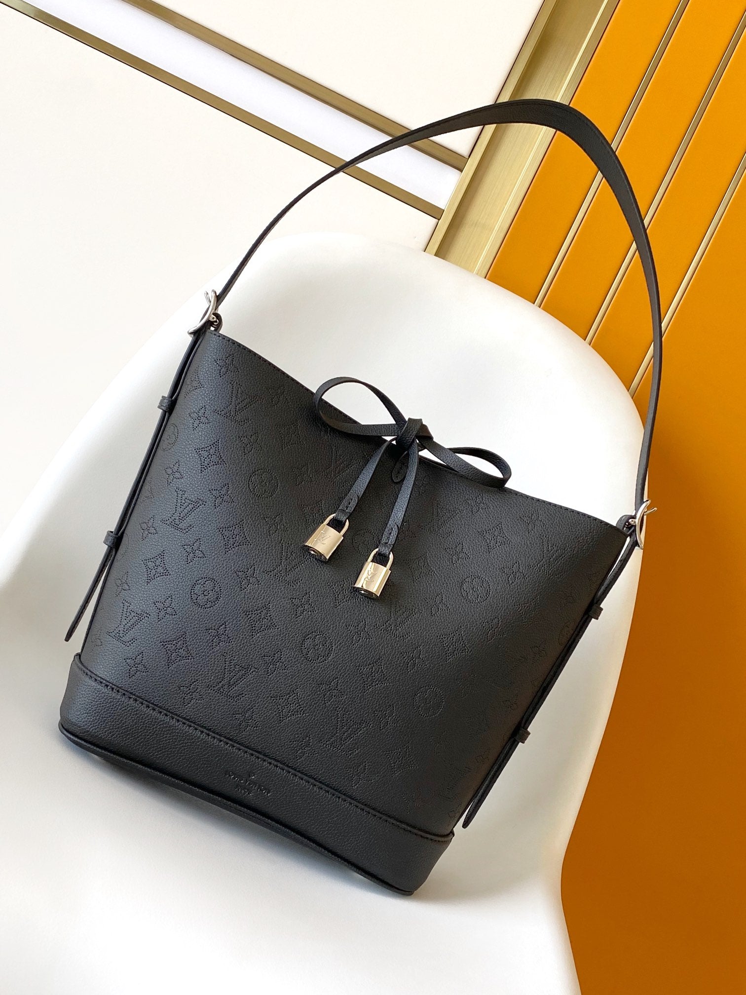 Louis Vuitton Classic Black Embossed Monogram Bucket Bag with Drawstring