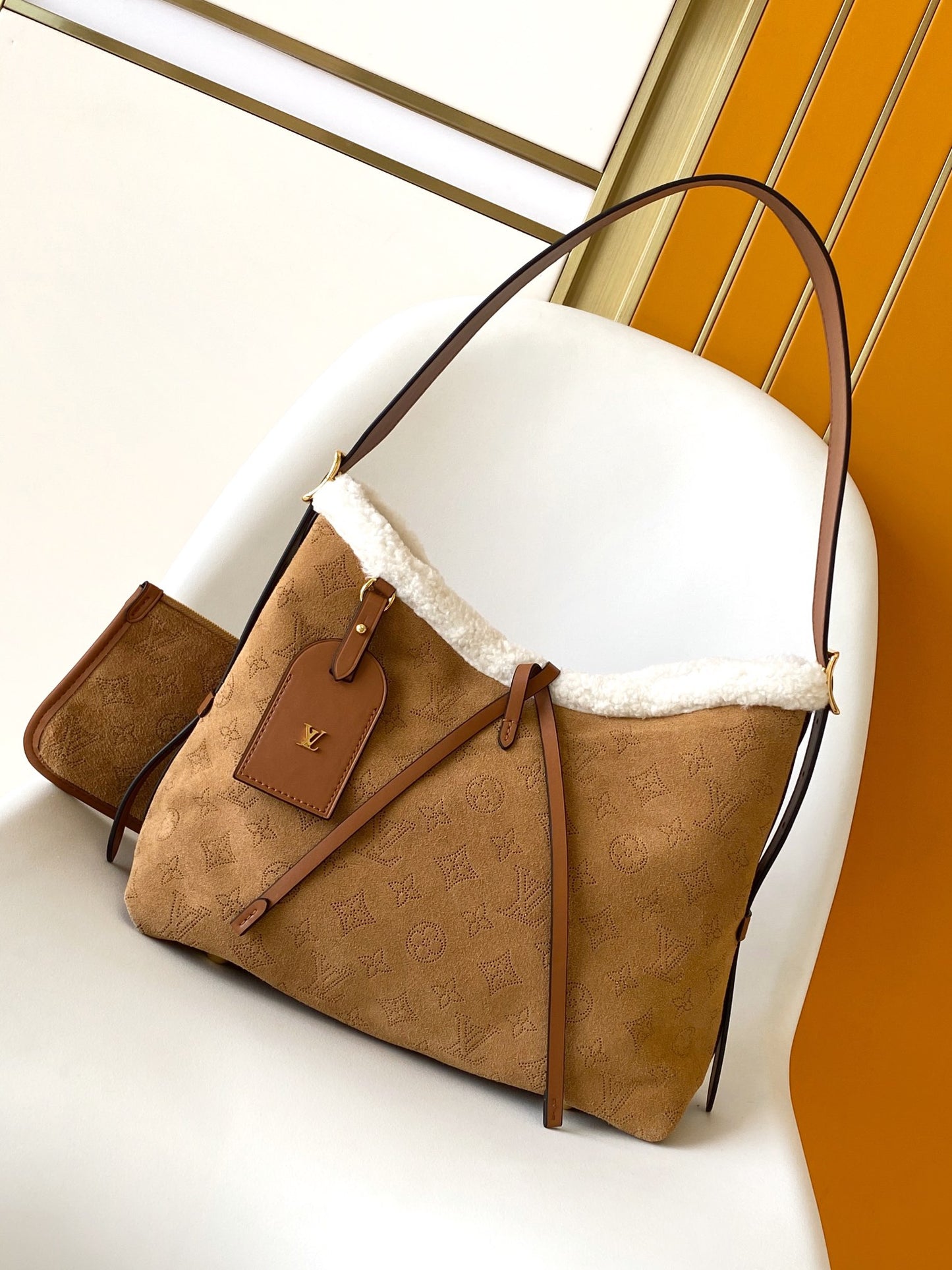 Louis Vuitton Monogram Suede Shoulder Bag with Sherpa Trim and Leather Bow