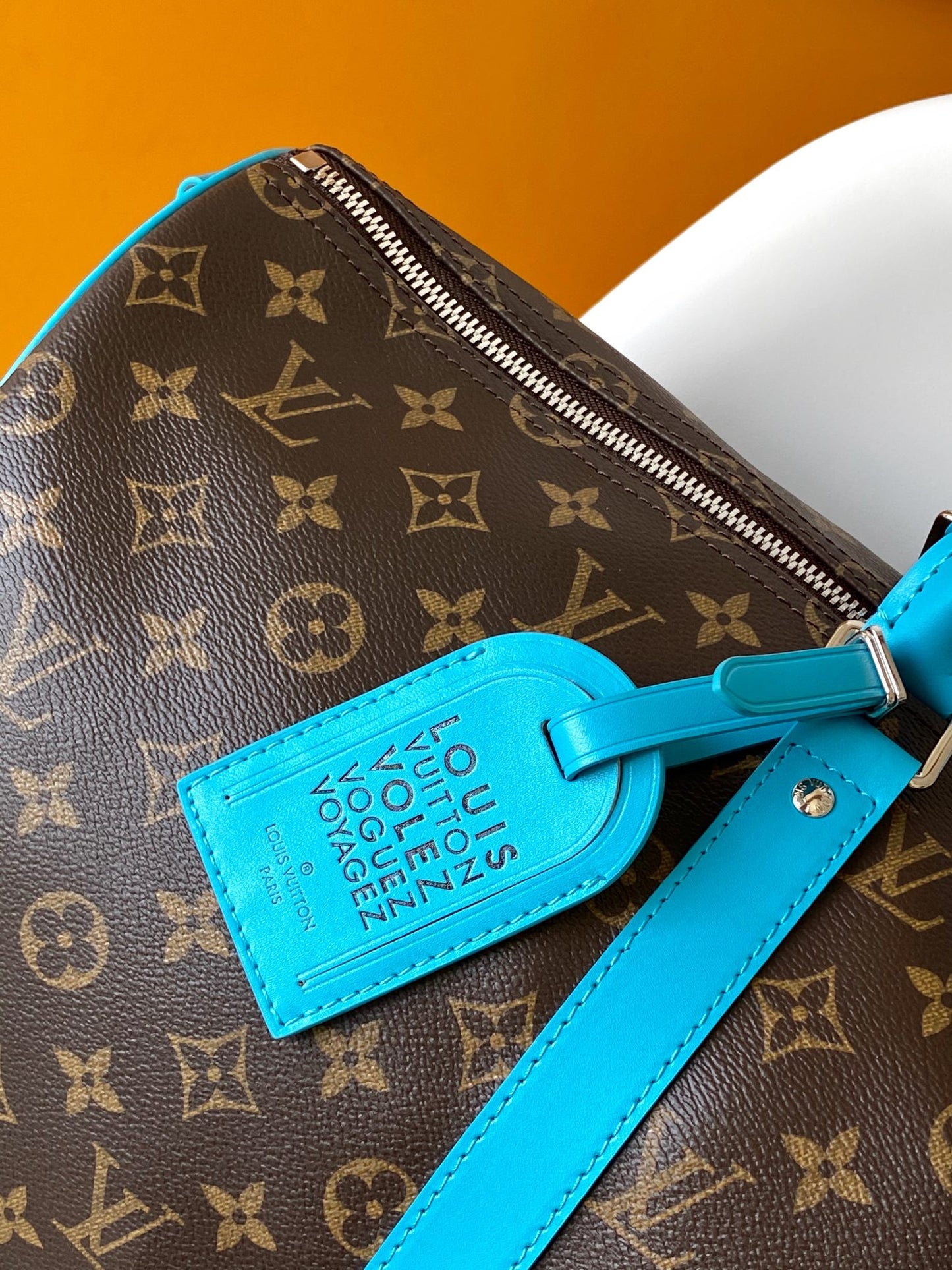 Louis Vuitton Vintage Monogram Canvas Travel Duffle Bag with Blue Leather Trim