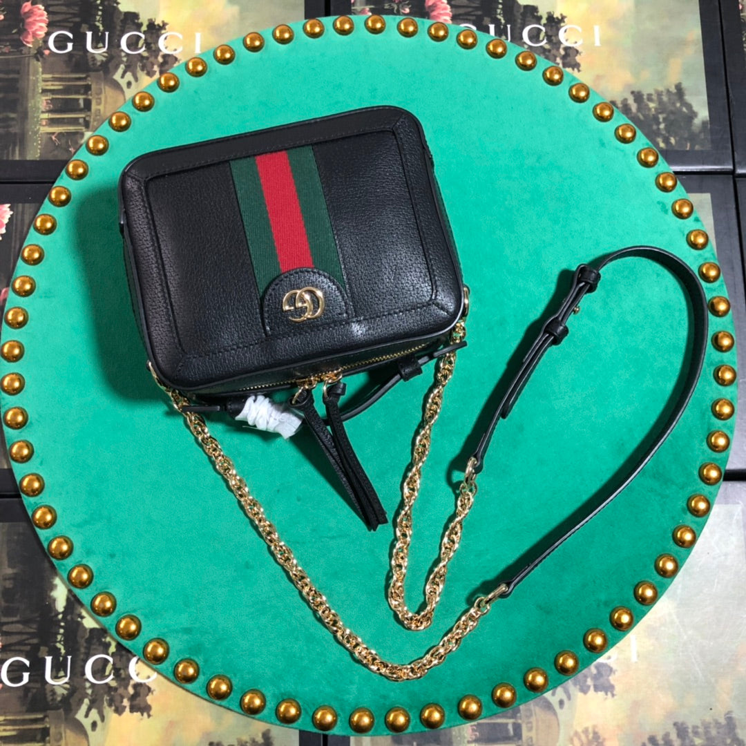 Gucci Vintage Black Leather Crossbody Bag with Red Green Web Stripe