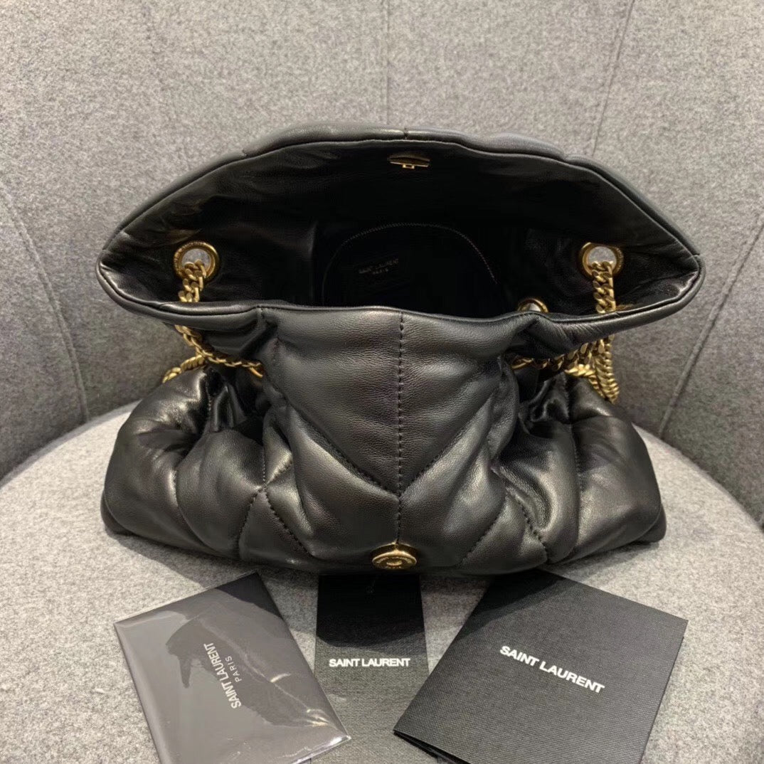 Saint Laurent Loulou Puffer Medium Chain Bag in Quilted Lambskin - Black with Gold Hardware