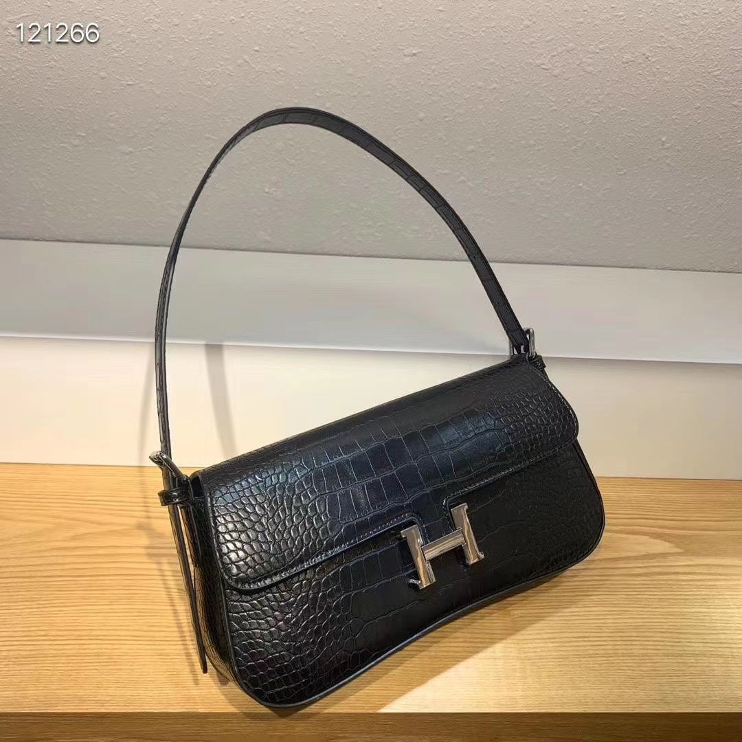 Women's Black Crocodile-Embossed Baguette Shoulder Bag with Silver H-Clasp