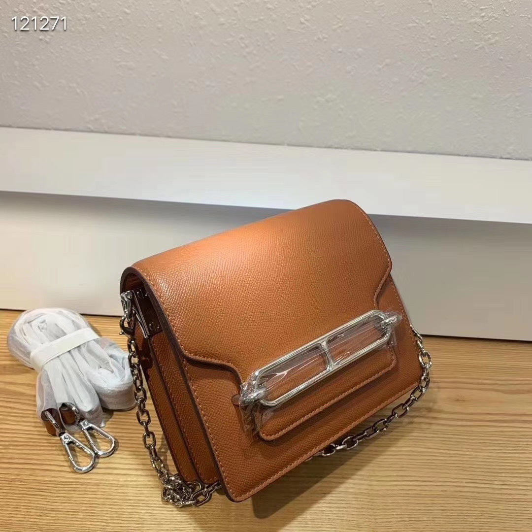 Women's Tan Structured Crossbody Bag with Silver-Tone Metal Bar Detail