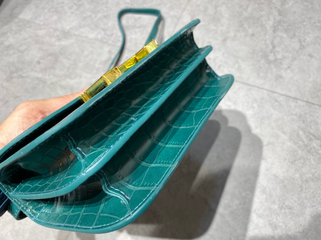 Emerald Green Crocodile Embossed Crossbody Bag with Gold H-Clasp