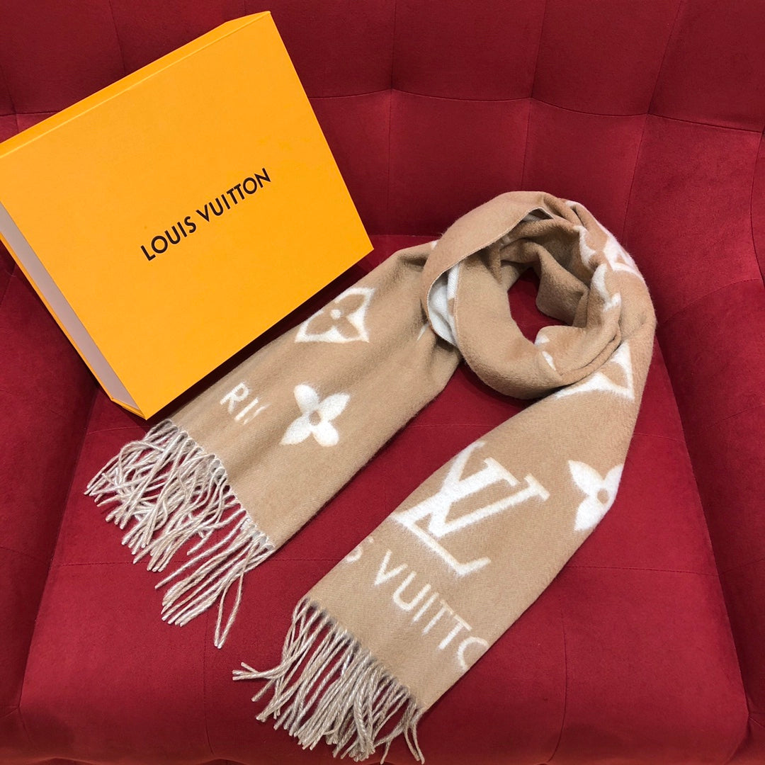 Louis Vuitton Monogram Scarf - Beige and White Wool Cashmere Blend Logo Print Winter Wrap with Fringed Edges - Includes Branded Box