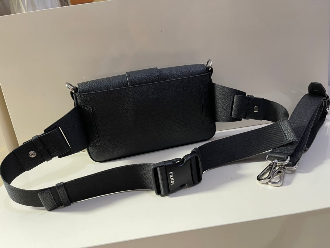Fendi Black Leather Baguette Shoulder Bag with FF Buckle and Box