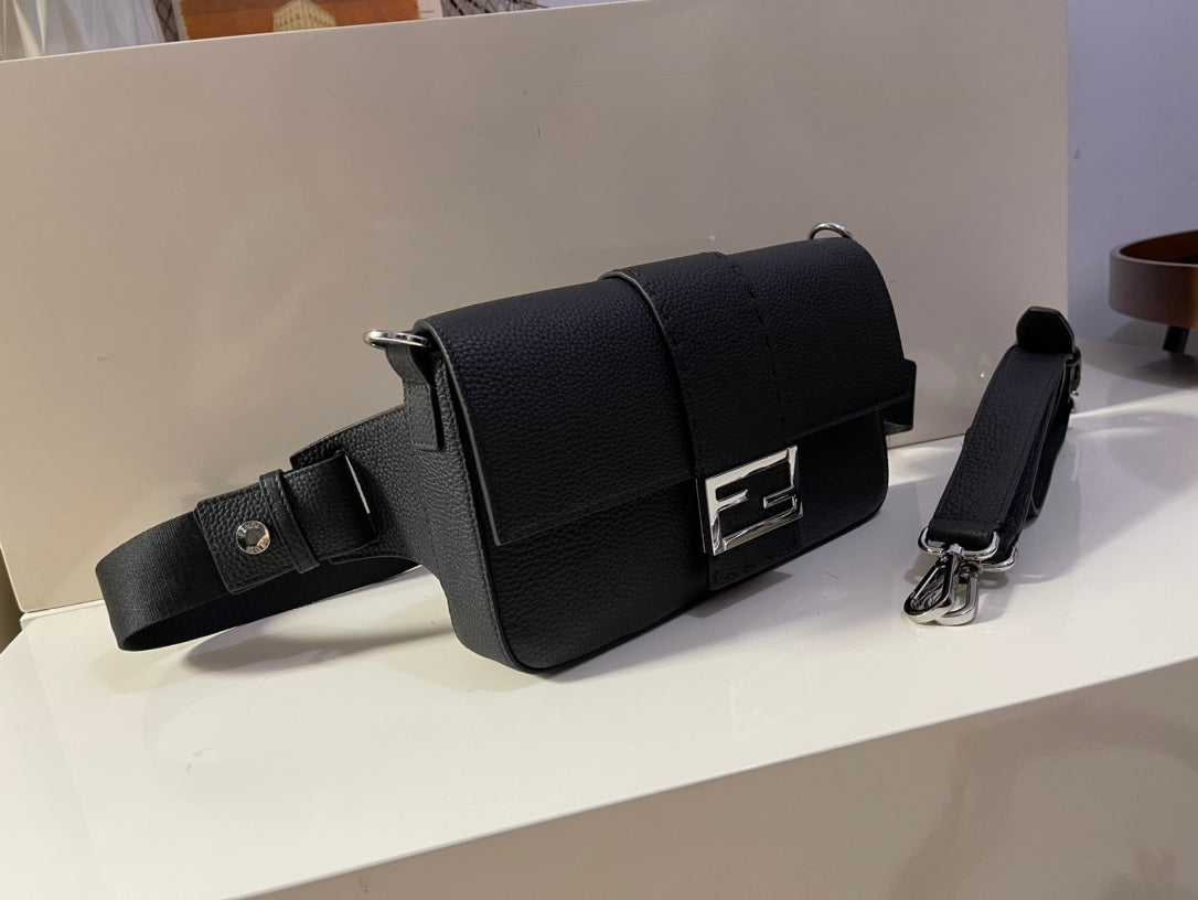 Fendi Black Leather Baguette Shoulder Bag with FF Buckle and Box