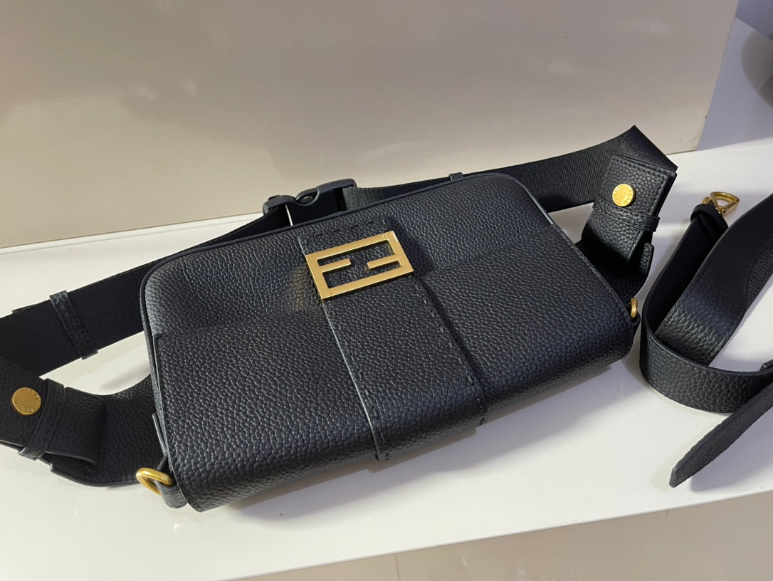 Fendi Black Leather Baguette Shoulder Bag with Gold-Tone FF Logo
