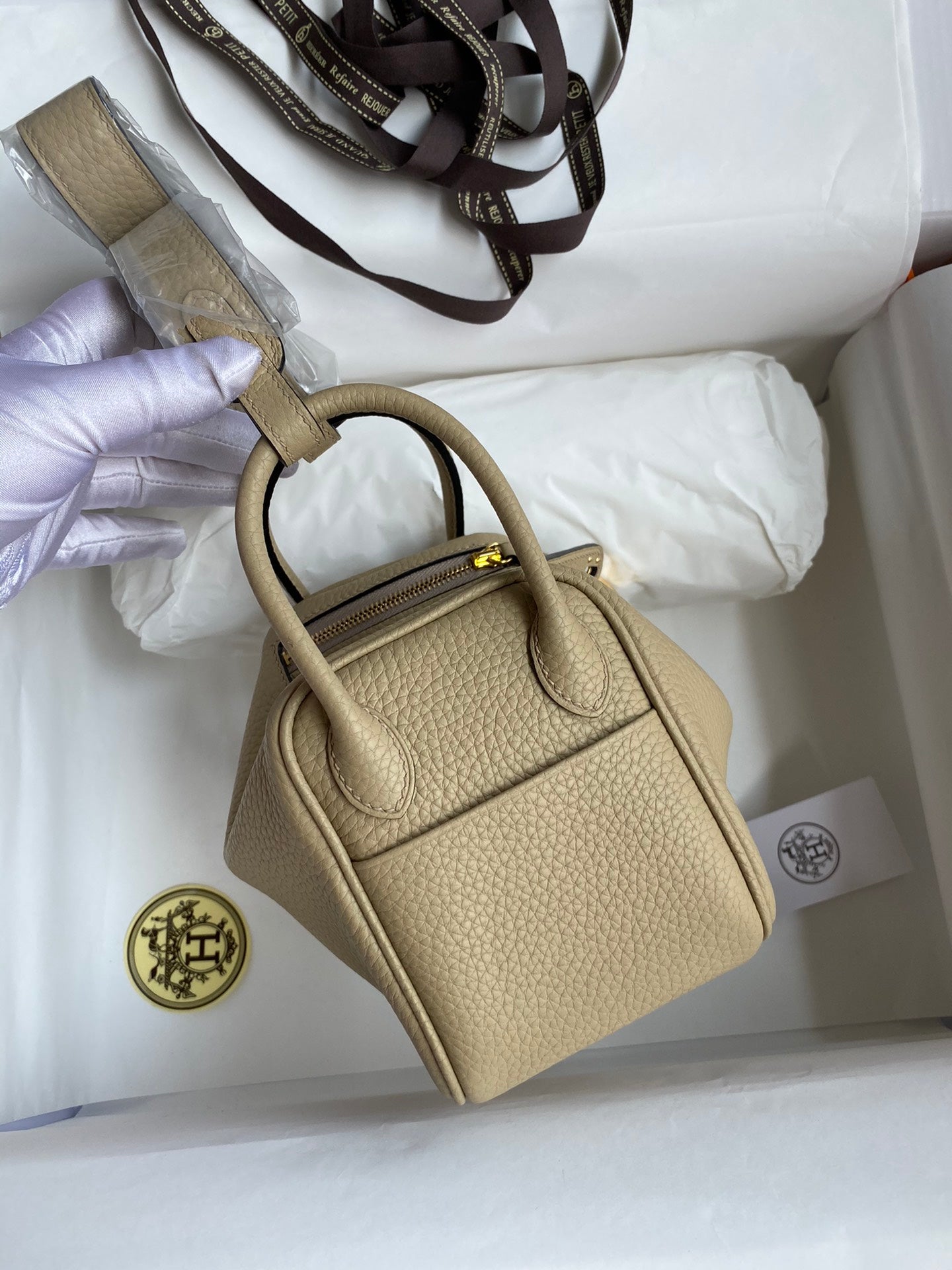 Mini Lindy Style Leather Handbag - Beige Luxury Crossbody Shoulder Bag