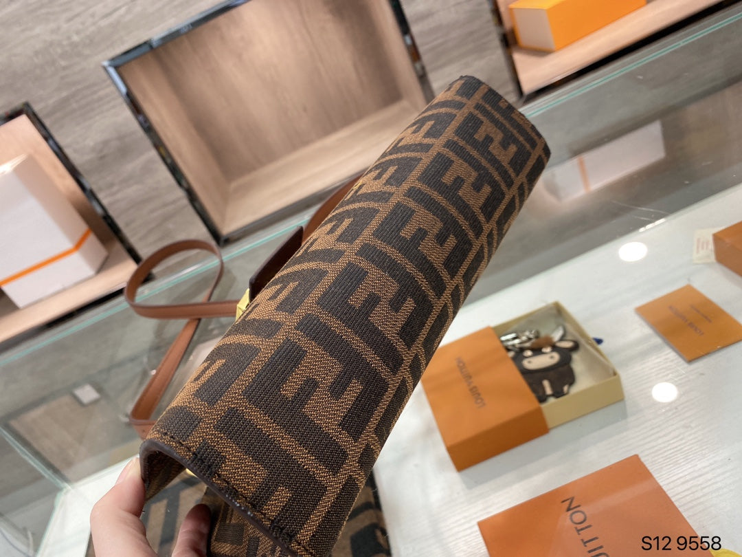 Fendi FF Monogram Canvas Baguette Bag with Leather Trim and Dog Charm