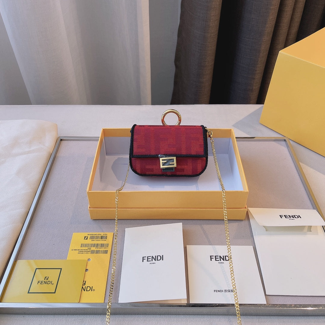 Fendi Nano Baguette Charm - Brown FF Fabric Micro Bag with Chain